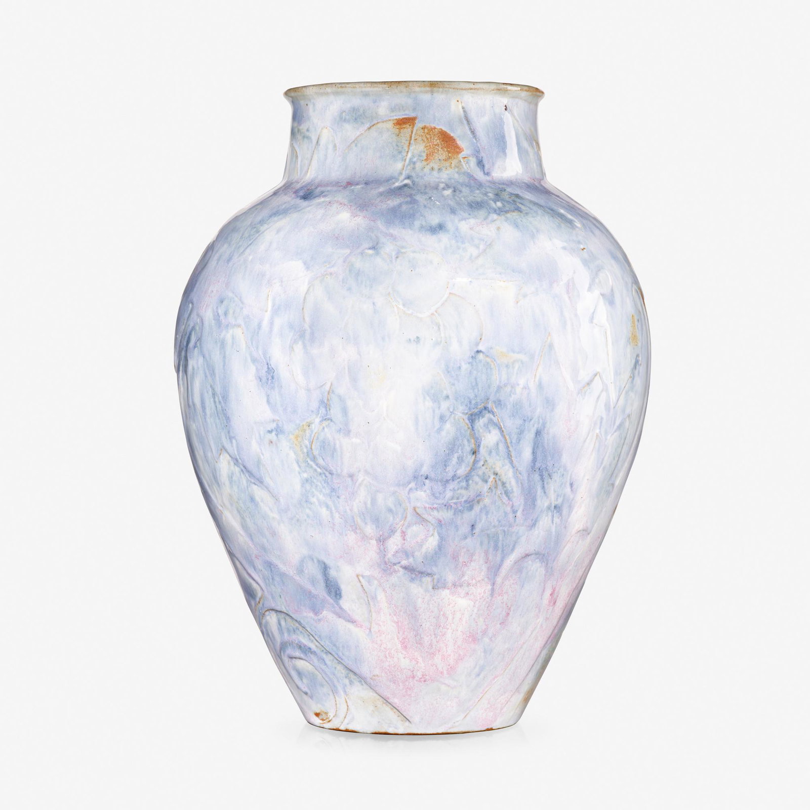 Arequipa Pottery, large vase with grapevines: Arequipa Pottery large vase with grapevines USA, 1913-18 glazed earthenware 10.5 h × 7.5 dia in (27 × 19 cm) Incised decorator's signature to underside 'JJ'. Impressed manufacturer's ma