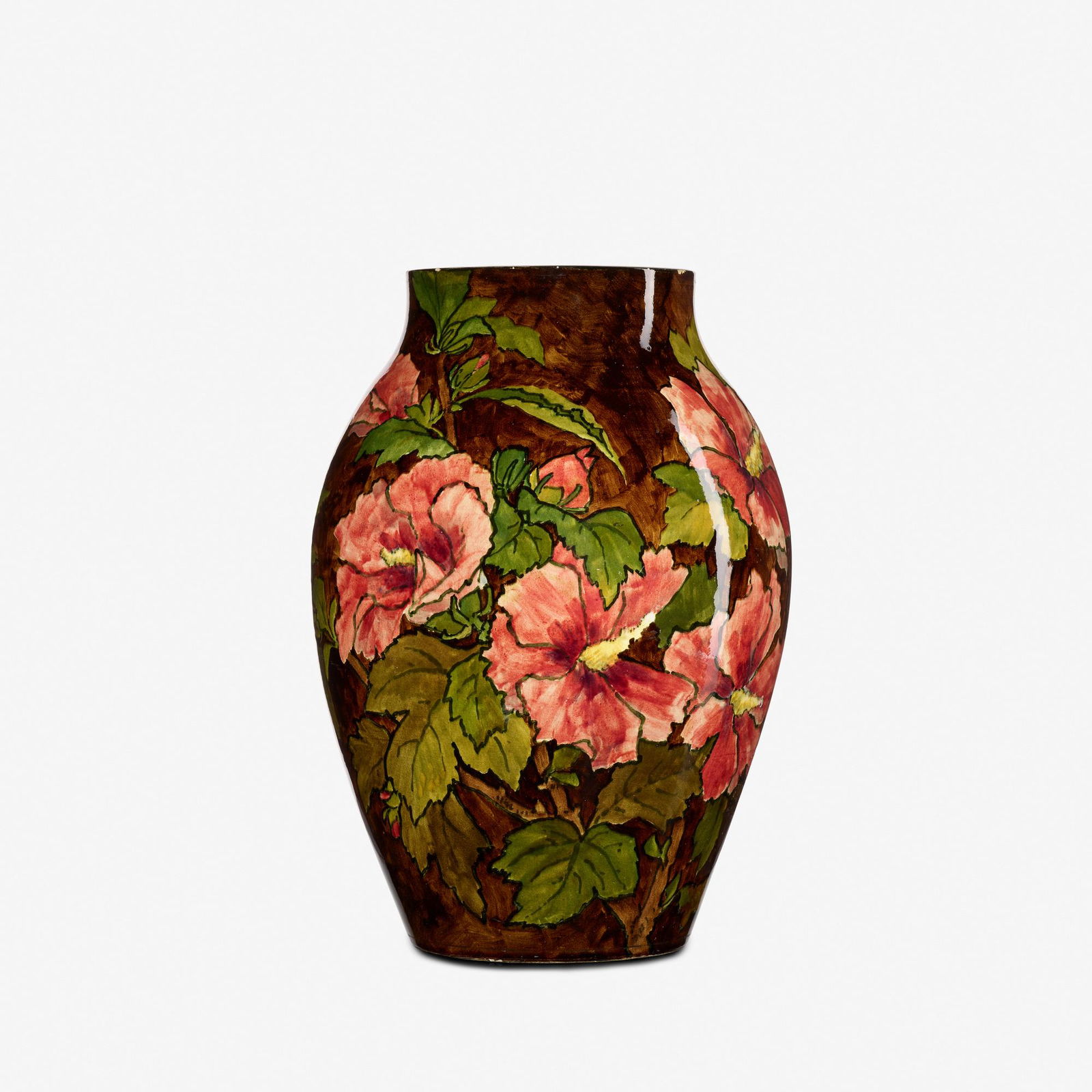 John Bennett, large vase with hibiscus flowers: John Bennett large vase with hibiscus flowers USA, 1881glazed earthenware11 h × 7 dia in (28 × 18 cm) Glazed signature and date to underside 'Bennett 412 E 14 N.Y. 1881'.
