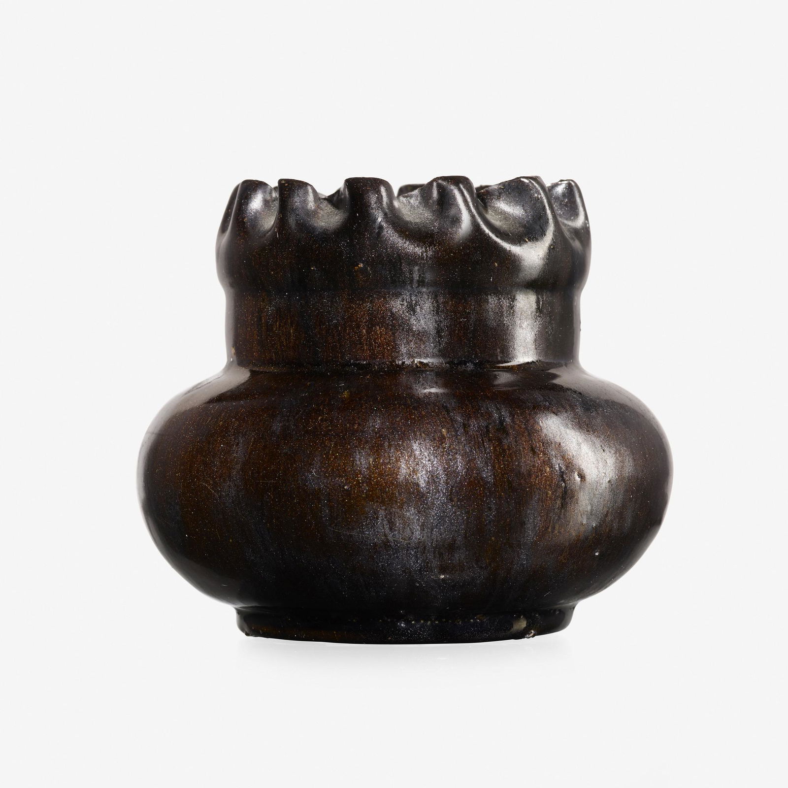 George E. Ohr, vase: George E. Ohr vase USA, 1897-1900glazed earthenware3.5 h × 4.25 dia in (9 × 11 cm) This work features a ruffled rim and fine gunmetal glaze. Glazed-over signature to underside 'G.E. O