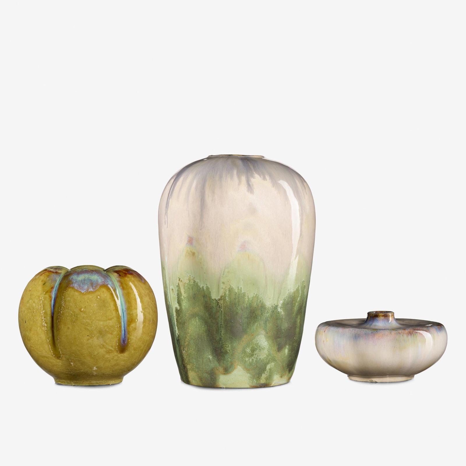 Fulper Pottery, early vases, set of three: Fulper Pottery early vases, set of three USA, c. 1915 glazed earthenware 8 h × 5.5 dia in (20 × 14 cm) Marked to underside of each example, largest with Prang stamp. The other two vase