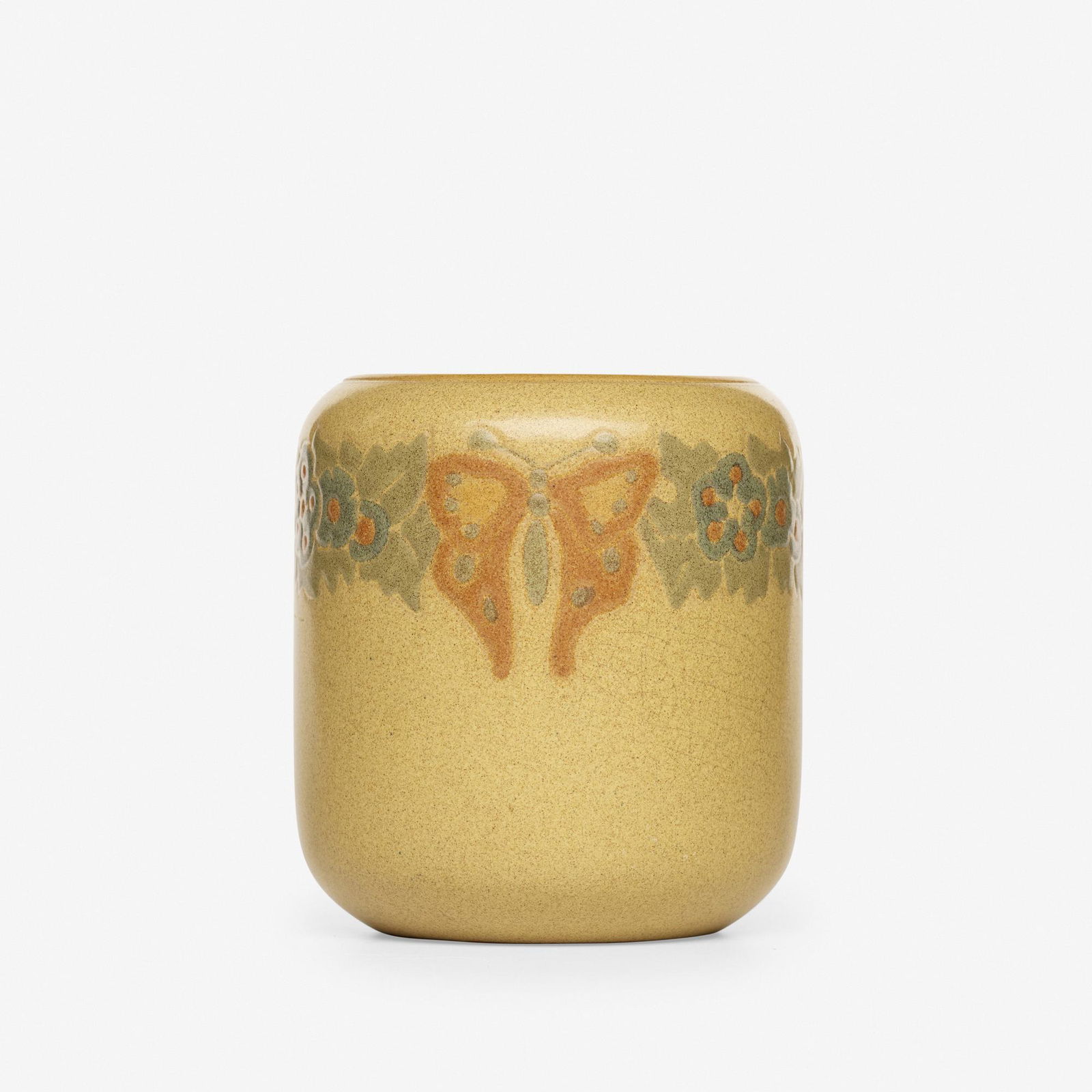 Marblehead Pottery, vase: Marblehead Pottery vase with stylized butterflies and flowers USA, 1908-20glazed earthenware4.5 h × 4 dia in (11 × 10 cm) Impressed manufacturer's mark to underside 'MP' with ship symbol.