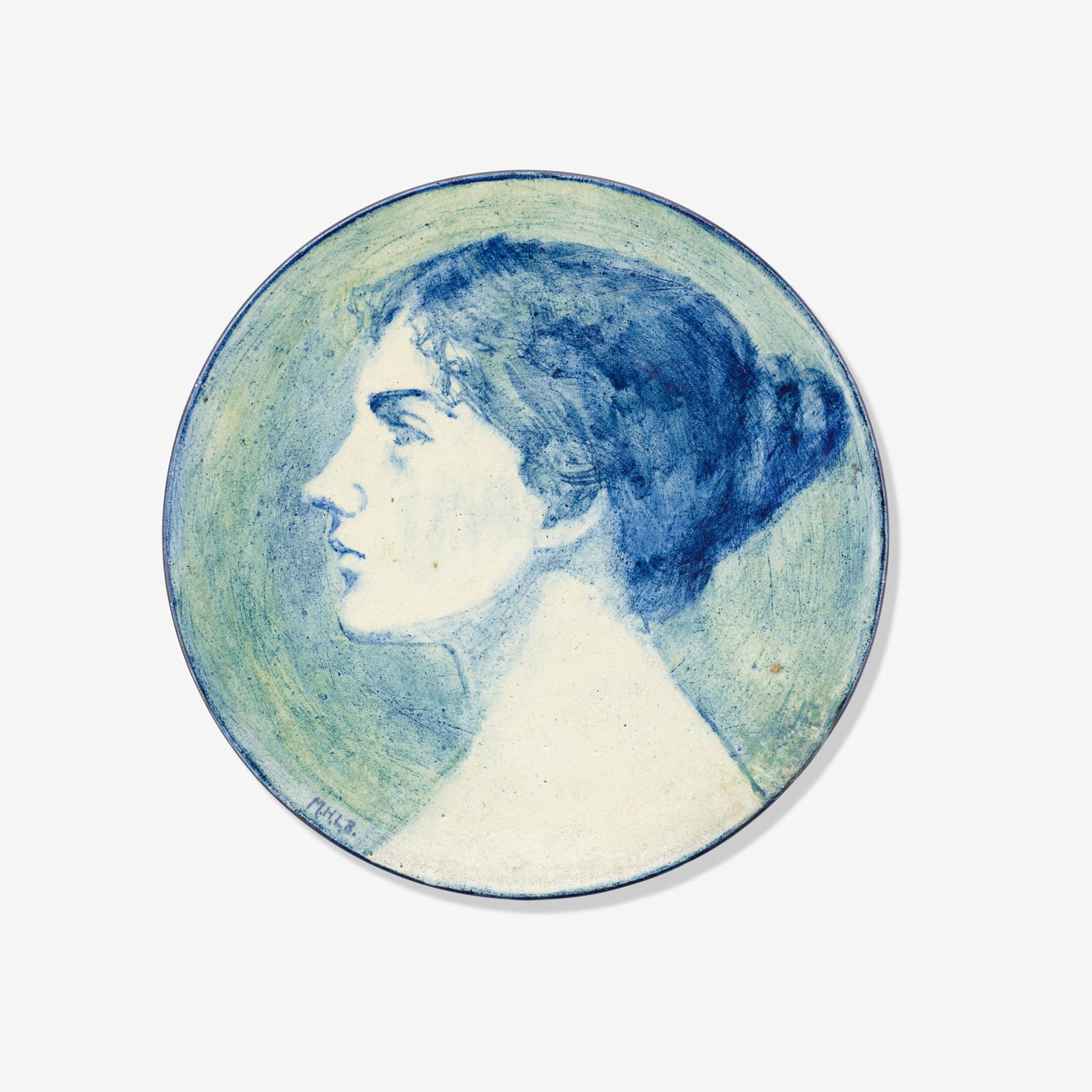 M. de Hoa LeBlanc for Newcomb College, rare plate: Marie de Hoa LeBlanc for Newcomb College Pottery rare early wall-hanging portrait plate USA, 1898 glazed earthenware 9 dia in (23 cm) Impressed manufacturer's mark to verso 'Newcomb College'. Glaze