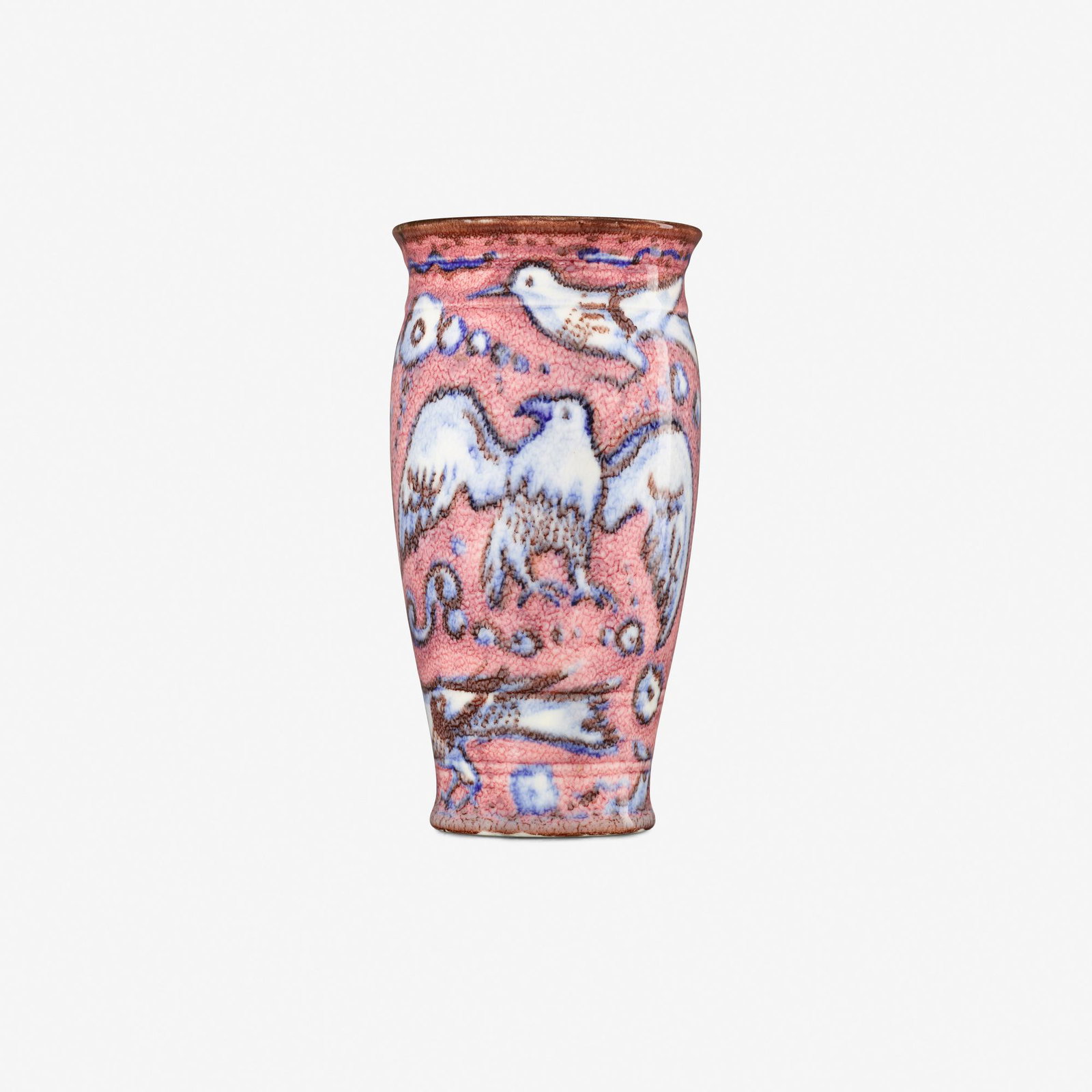 Jens Jensen for Rookwood, Ivory Jewel Porcelain vase: Jens Jensen for Rookwood Pottery Ivory Jewel Porcelain vase with birds USA, 1933 glazed porcelain 8 h × 4.25 dia in (20 × 11 cm) Impressed signature and date to underside 'Flame mark/S/