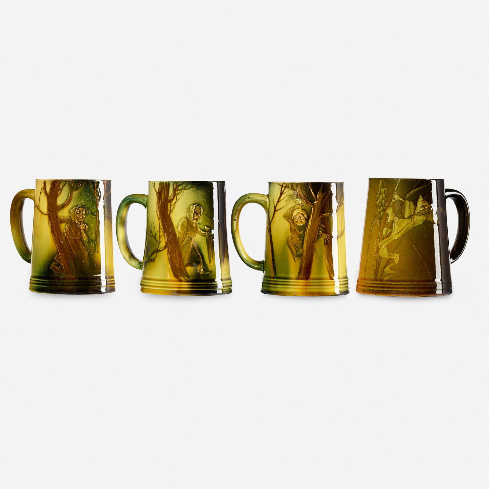 Young and Shirayamadani for Rookwood, mugs: Grace Young and Kataro Shirayamadani for Rookwood Pottery Standard Glaze mugs, set of four USA, 1891, 1897 glazed earthenware 4.5 h × 4.75 w × 3.5 d in (11 × 12 × 9 cm) Mugs