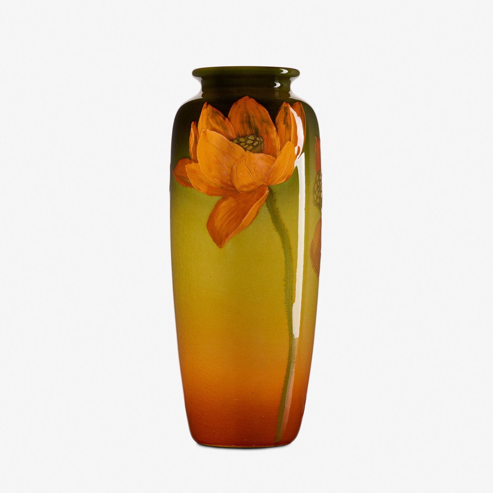 Matthew Daly for Rookwood, Standard Glaze vase: Matthew Daly for Rookwood Pottery Standard Glaze vase with lotuses USA, 1902 glazed earthenware 11.75 h × 5 dia in (30 × 13 cm) Signed, dated, and numbered 'Flame mark/904C/M.A.Daly' wi