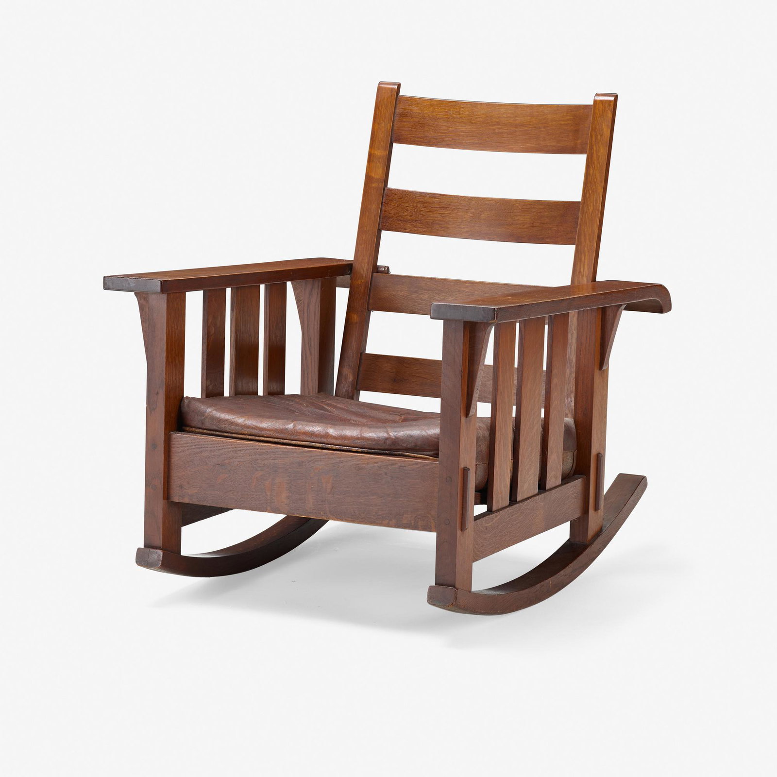 Stickley Brothers, adjustable rocking chair with stool: Stickley Brothers adjustable rocking chair with stool USA, early 20th century oak, leather, chain 36 h × 31 w × 37.5 d in (91 × 79 × 95 cm) Stool measures: 14.75 h x 17 w x