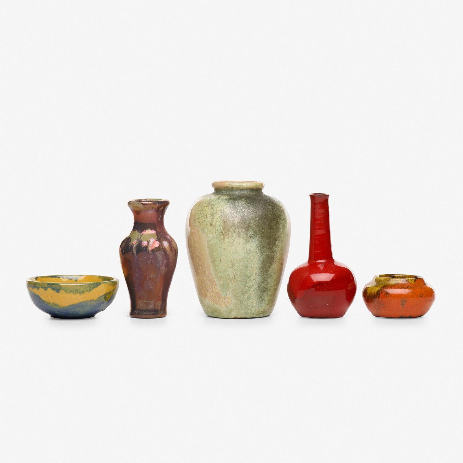Beatrice Wood, Teco, Pewabic etc., miniature vessels: Beatrice Wood, Teco, Paul Revere Pottery and Pewabic Pottery miniature vessels, set of five USA, 20th centuryglazed earthenware4 h × 3 dia in (10 × 8 cm) Lot is comprised of a red Bea