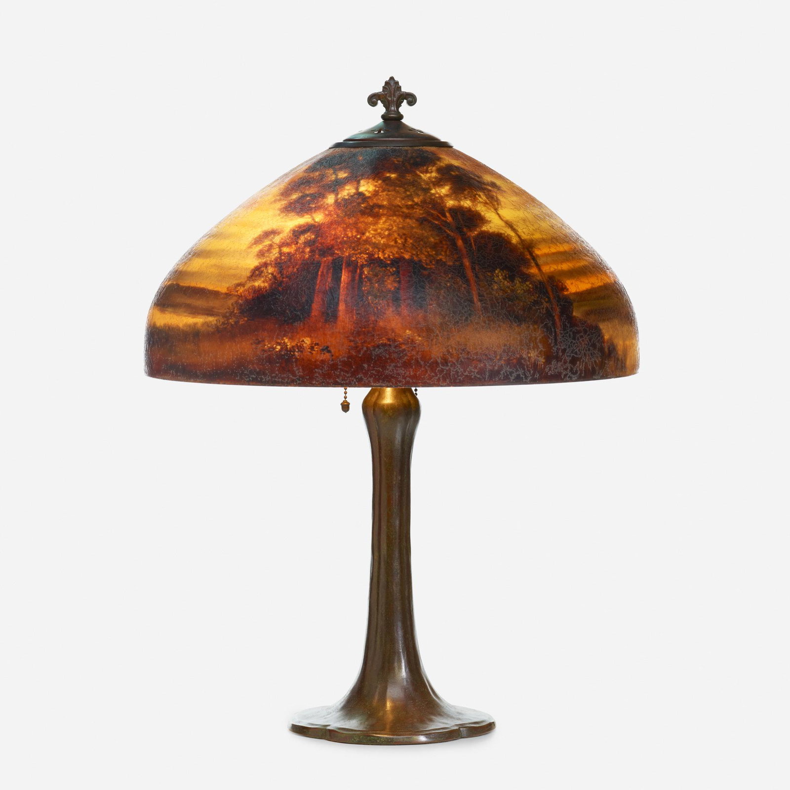 Handel, sunset landscape table lamp with lobed shade: Handel sunset landscape table lamp with lobed shade USA, 1917 patinated metal, reverse-painted acid-etched glass 24 h × 18 dia in (61 × 46 cm) Signed and numbered to inner edge of shade