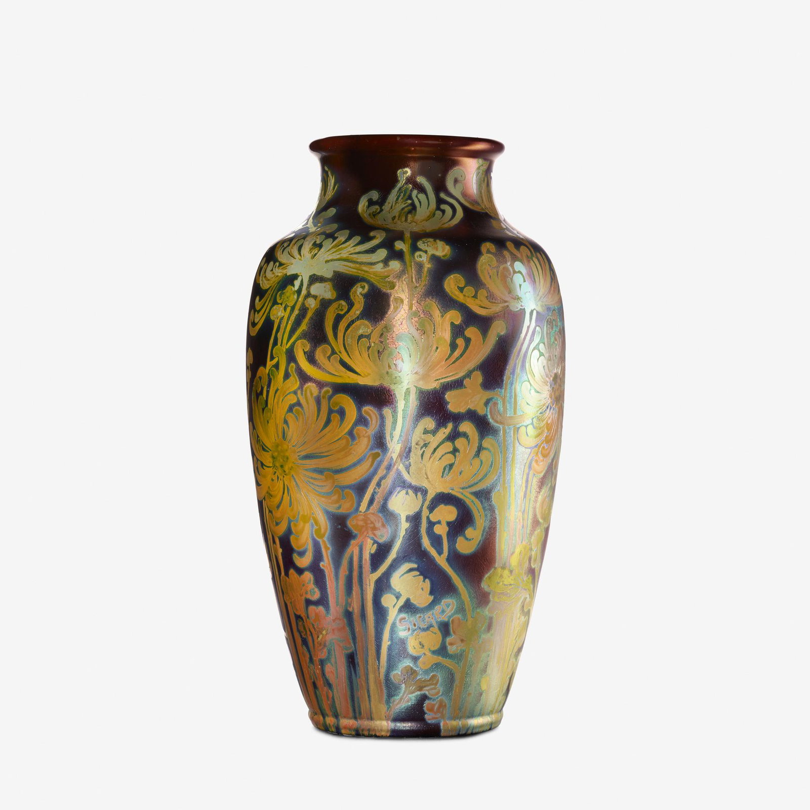 Jacques Sicard for Weller Pottery, floor vase: Jacques Sicard for Weller Pottery floor vase with chrysanthemums USA, 1903-17 glazed earthenware 20.5 h × 10.5 dia in (52 × 27 cm) Glazed signature near base 'Weller Sicard'.