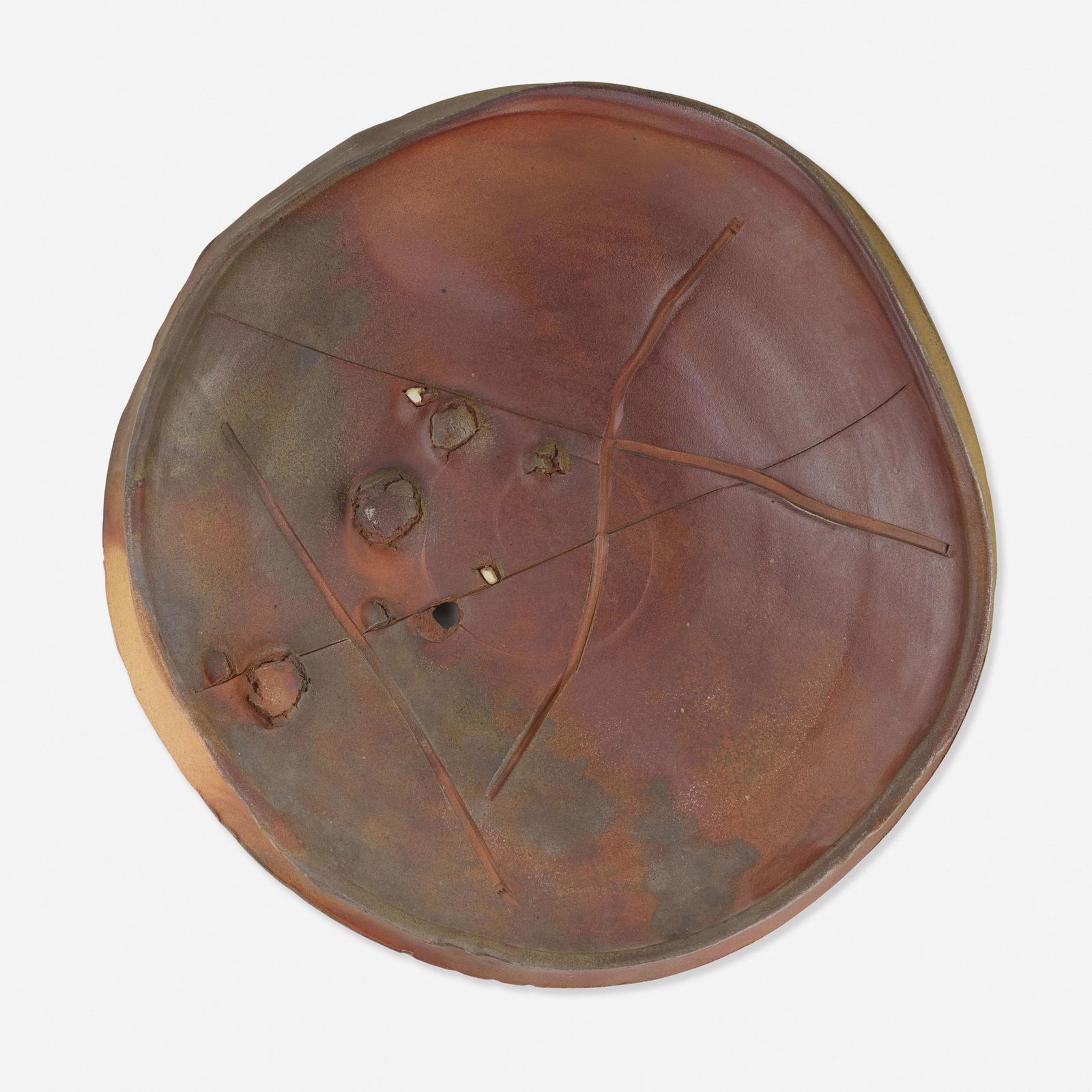 Peter Voulkos, Untitled Plate: Peter Voulkos Untitled Plate USA, 1980incised anagama-fired stoneware with porcelain pass-throughs4.75 d × 22 dia in (12 × 56 cm) This is an early work fired in Peter Callas' Piedmont