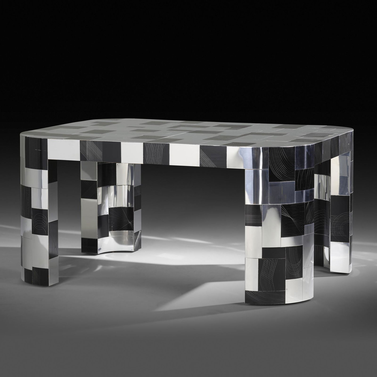 Paul Evans, Custom dining table: Paul Evans Custom dining table Paul Evans StudioUSA, c. 1975polished, dye-painted, and hand-etched aluminum29.25 h × 60.25 w × 44 d in (74 × 153 × 112 cm) This custo