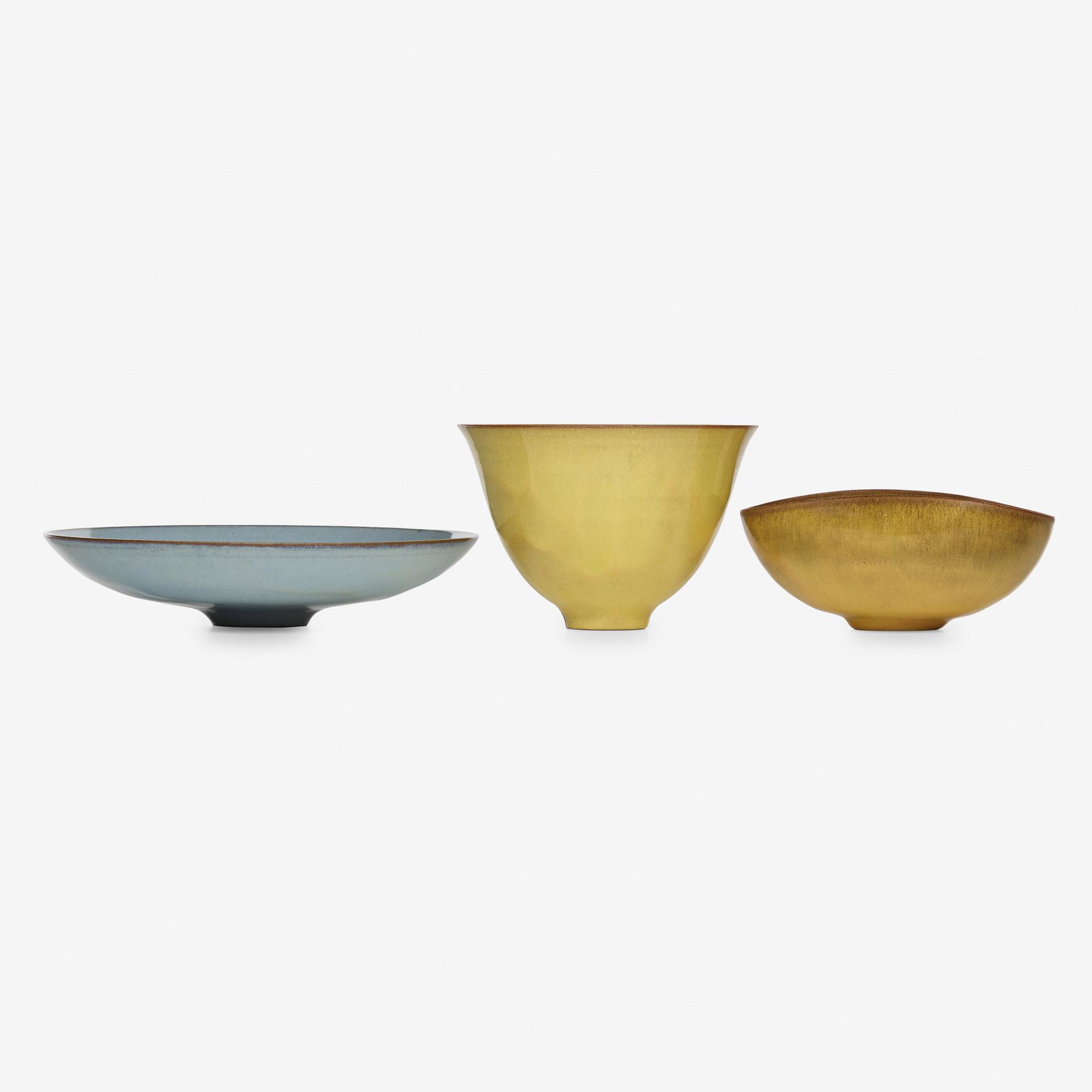 Gertrud and Otto Natzler, collection of three vessels: Gertrud and Otto Natzler collection of three vessels USA, 1952 glazed earthenware 3.75 h × 4.5 dia in (10 × 11 cm) Additional examples measure: 2.25 h x 4.75 w x 3.75 d inches and 6.75