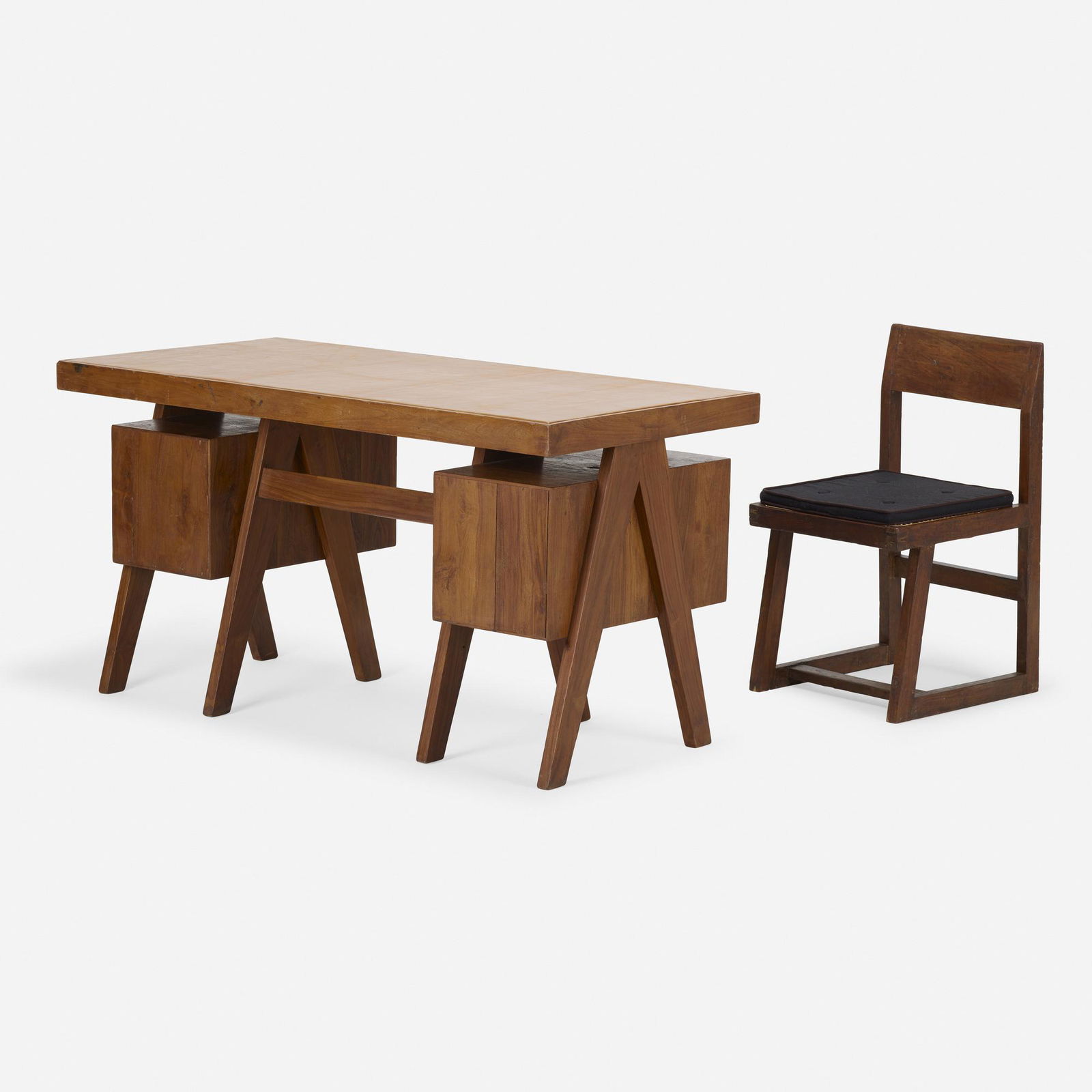 Pierre Jeanneret, Executive desk and side chair: Pierre Jeanneret Executive desk and side chair from the Administrative buildings, Chandigarh France/India, c. 1960teak, leather, cane, upholstery, aluminum29 h × 54 w × 27 d in (74 ×