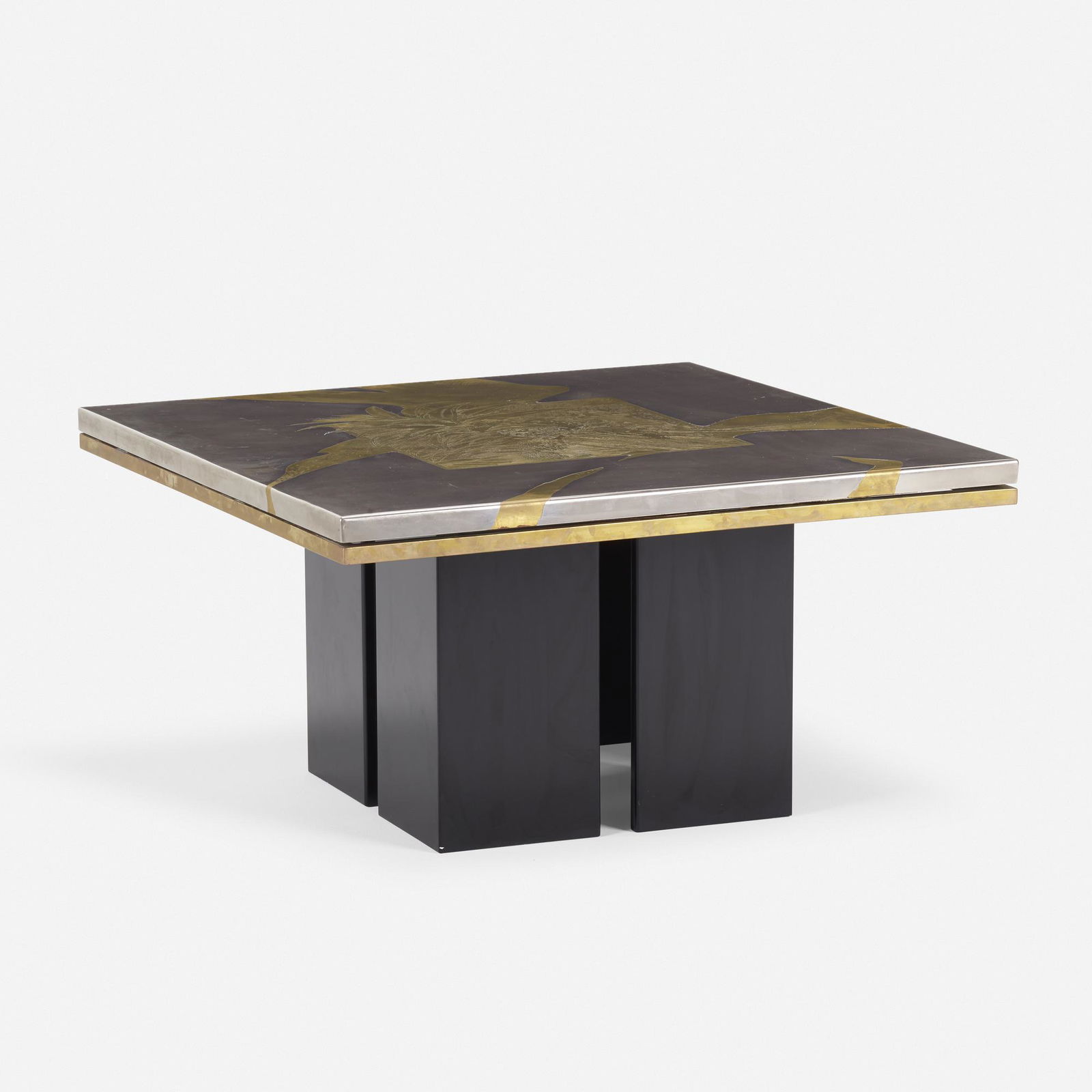 Christian Heckscher, coffee table: Christian Heckscher coffee table Belgium, c. 1970nickel-plated and acid-etched brass17 h × 76 w × 36.75 d in (43 × 193 × 93 cm) Etched signature to top 'Heckscher'.