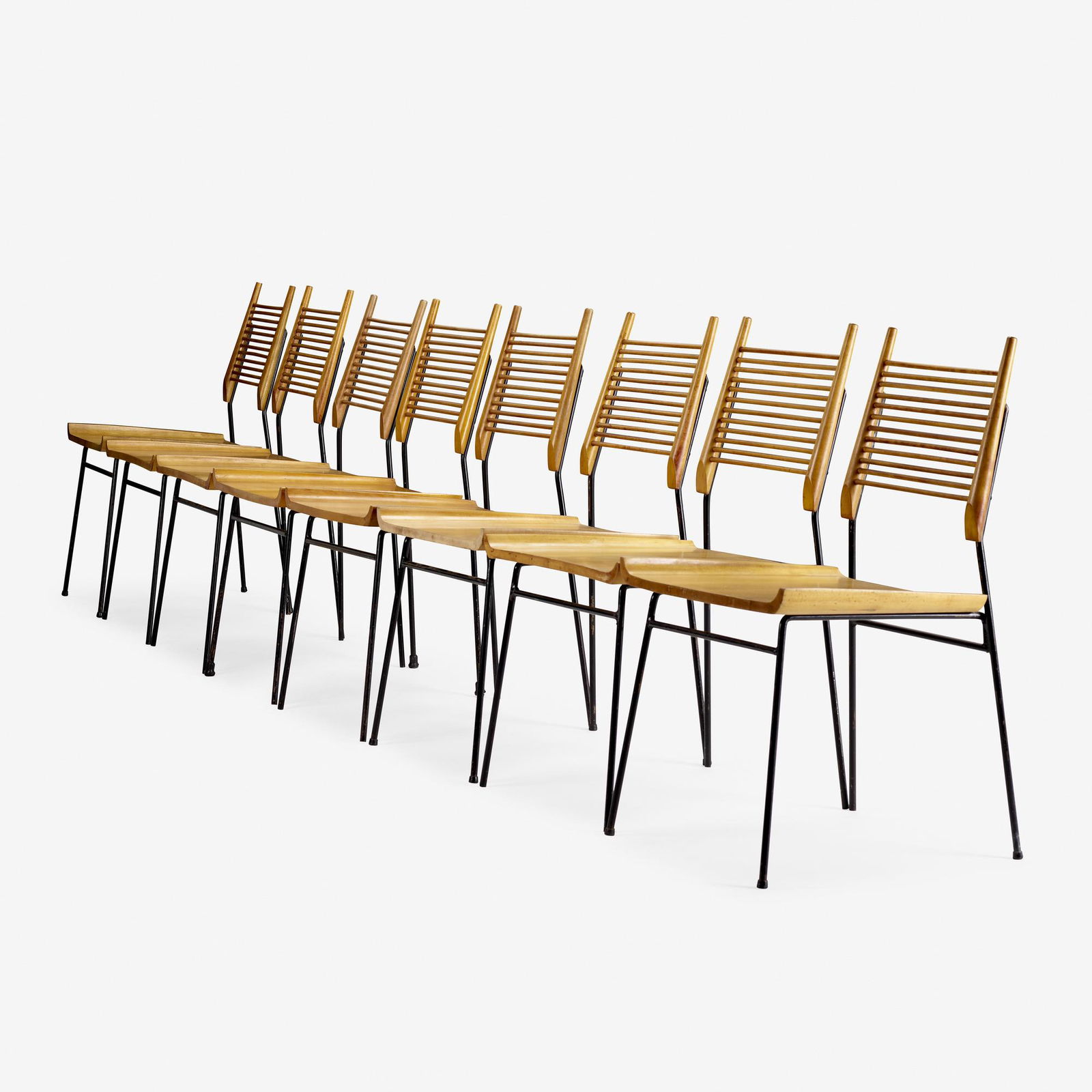Paul McCobb, dining chairs, set of eight: Paul McCobb Planner Group dining chairs model 1533, set of eight WinchendonUSA, 1953maple, enameled steel, plastic34 h × 18.25 w × 20.5 d in (86 × 46 × 52 cm)