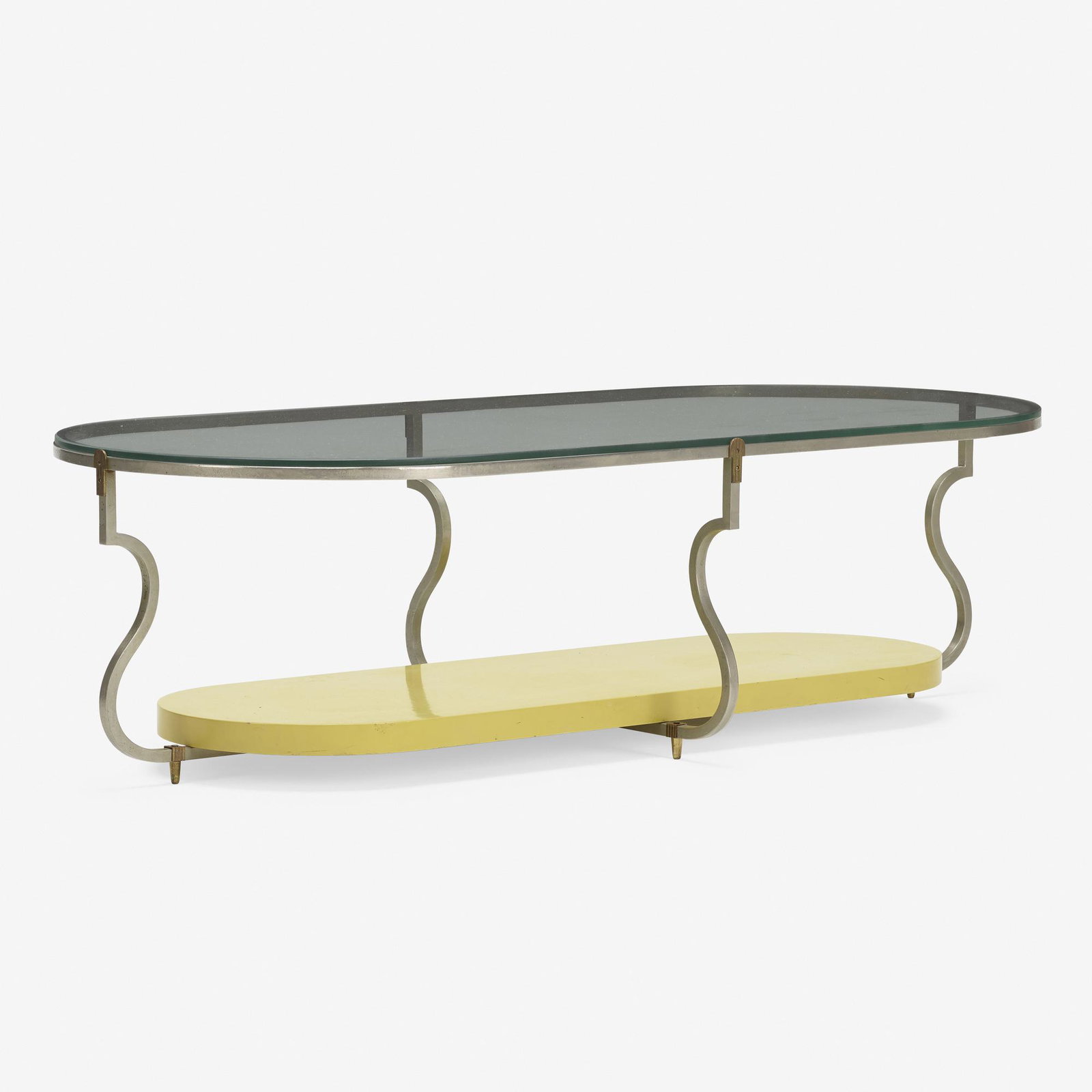 Tommi Parzinger, coffee table: Tommi Parzinger coffee table Parzinger Originals USA, c. 1960 nickel-plated brass, brass, lacquered wood, glass 16.5 h × 58.25 w × 26.25 d in (42 × 148 × 67 cm) Branded