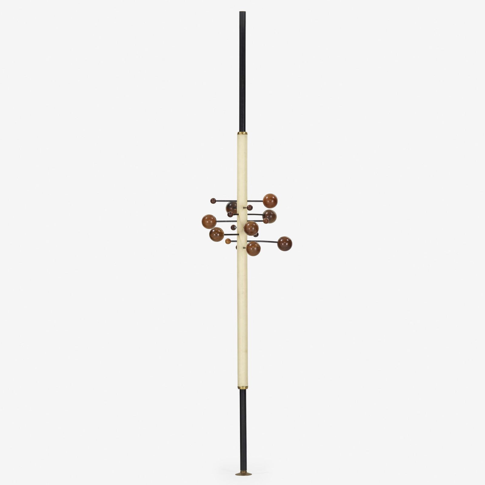 Osvaldo Borsani, revolving coatrack, model AT61: Osvaldo Borsani revolving coatrack, model AT61 TecnoItaly, 1961enameled aluminum, leather, rosewood, brass112 h × 21 dia in (284 × 53 cm) Provenance: Phillips de Pury and C
