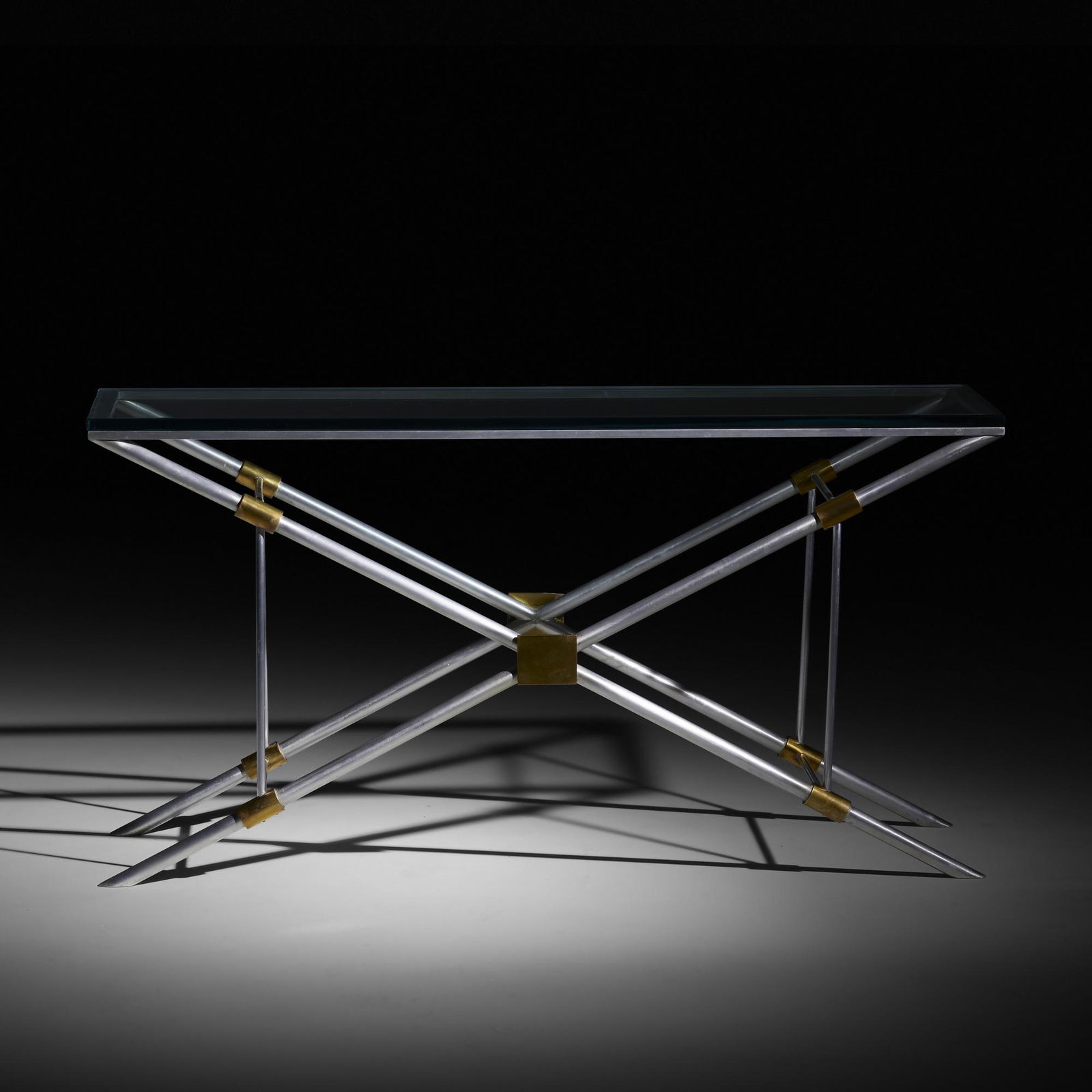 John Vesey, console table: John Vesey console table John Vesey, Inc.USA, c. 1958aluminum, brass, glass28.25 h × 54 w × 16 d in (72 × 137 × 41 cm)