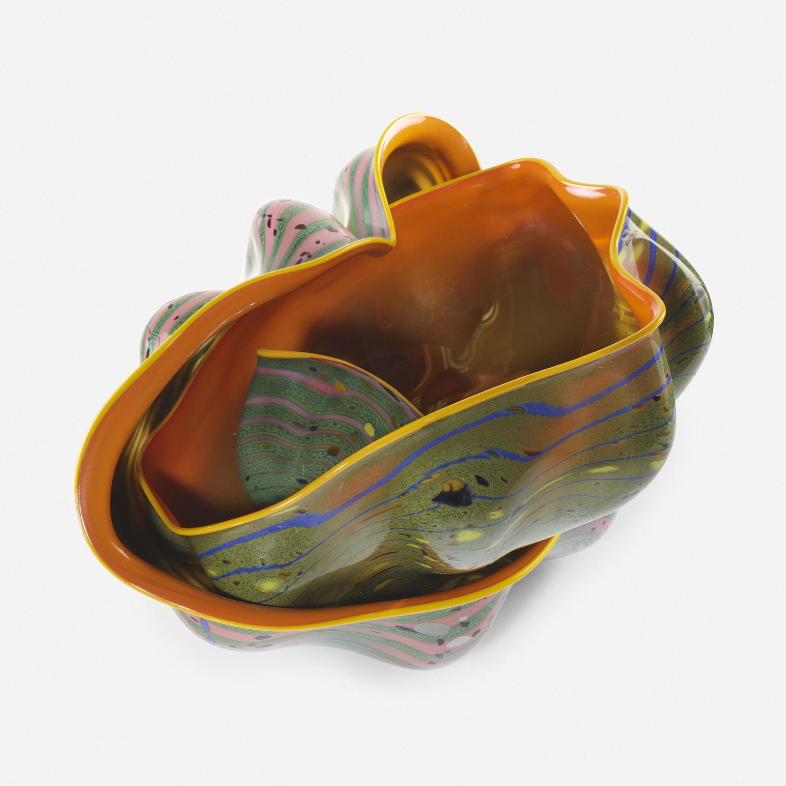 Dale Chihuly, Russet Orange Macchia Set: Dale Chihuly Russet Orange Macchia Set with Mango Lip Wraps USA, 1983 hand-blown glass 6.5 h × 11 w × 9 d in (17 × 28 × 23 cm) Set is composed of three elements and is sold