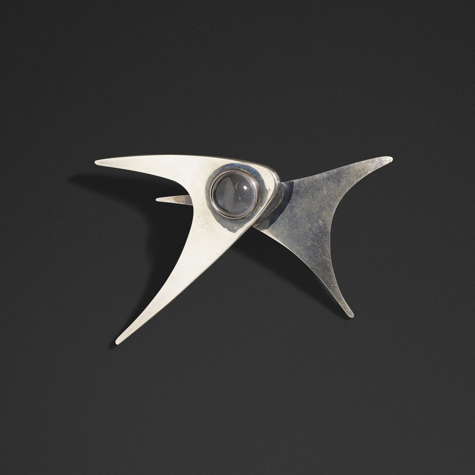 Ed Wiener, brooch: Ed Wiener brooch USA, c. 1955sterling silver, quartz2.25 h × 3.75 w × 0.5 d in (6 × 10 × 1 cm) Signed to reverse 'Ed Wiener Sterling'.