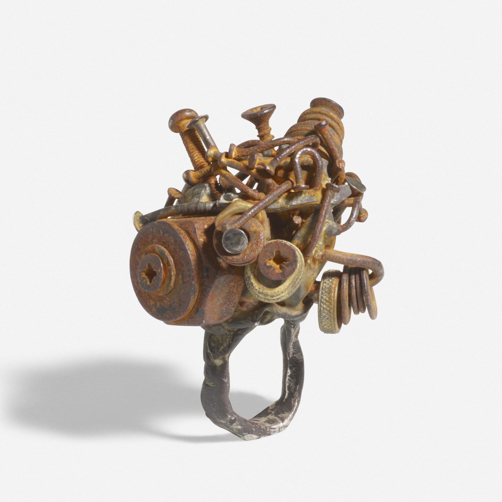 Karl Fritsch, ring: Karl Fritsch ring Germany, 2010steel, silver, found elements2.25 h × 1.5 w × 1.5 d in (6 × 4 × 4 cm) Ring size: 7. Provenance: Ornamentum, Hudson,