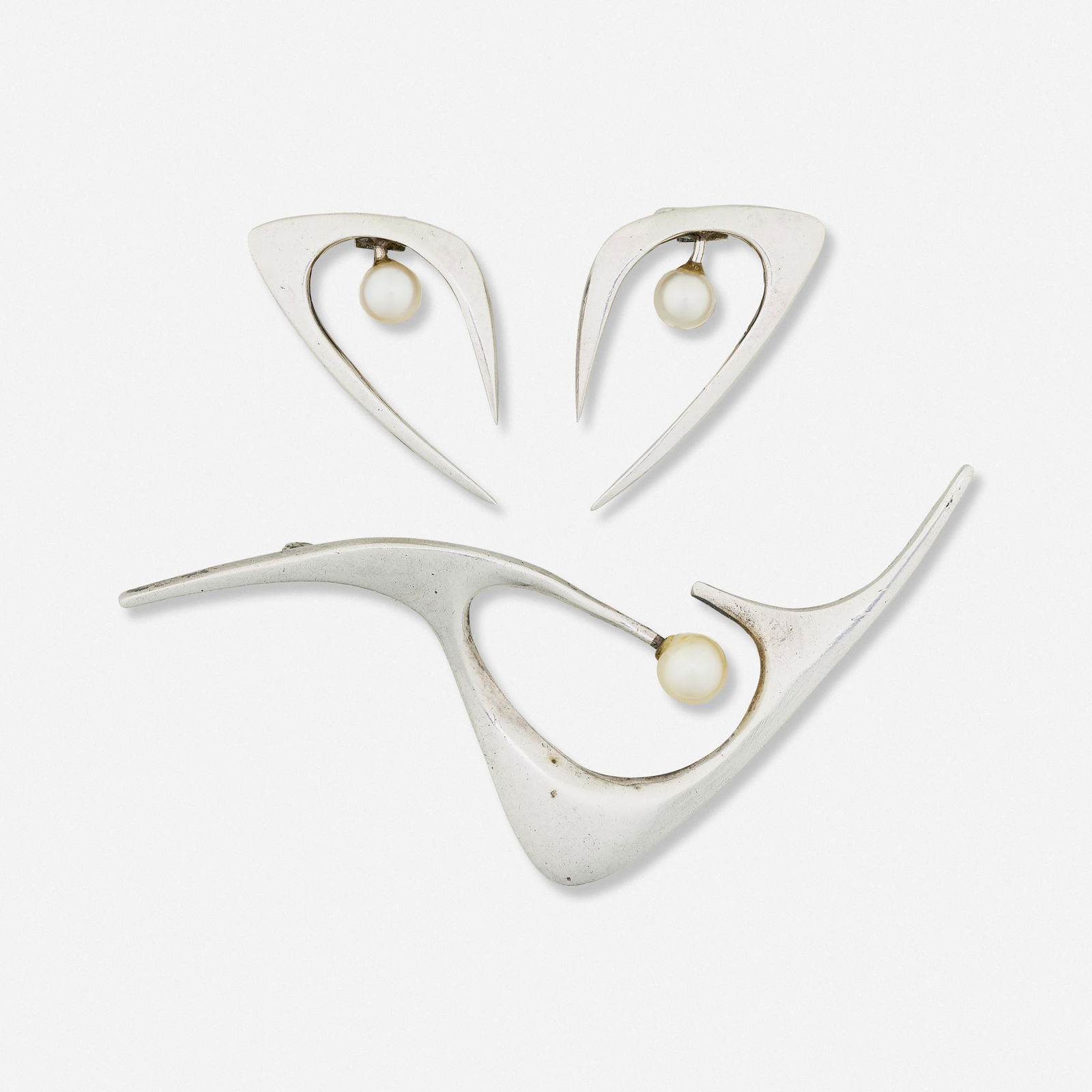 Ed Wiener, Silver, cultured pearl brooch and earrings (1 of 1)