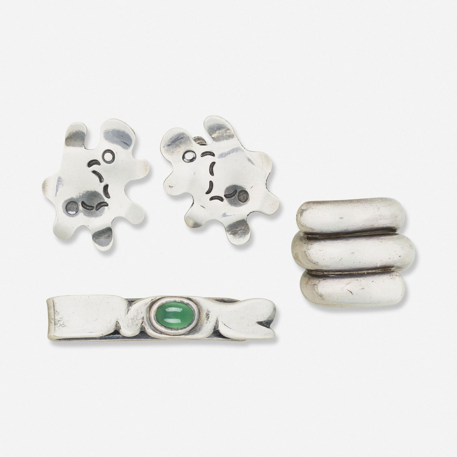 Sam Kramer, Silver ring, earrings, and tie bar: Sam Kramer Silver ring, earrings, and tie bar Tie bar set with cabochon green chalcedony Sterling silver Each stamped sterling with maker's mark Earrings: 3/4 x 1 ins; Ring size 5 1/4; Tie bar: 1 5/8