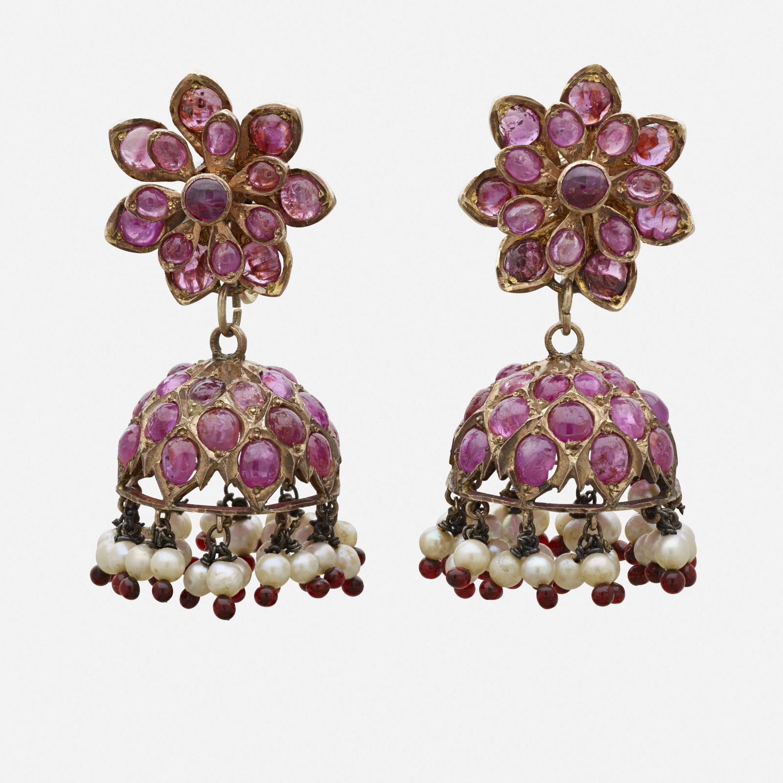 Ruby, seed pearl, and yellow gold fringe earrings (1 of 1)