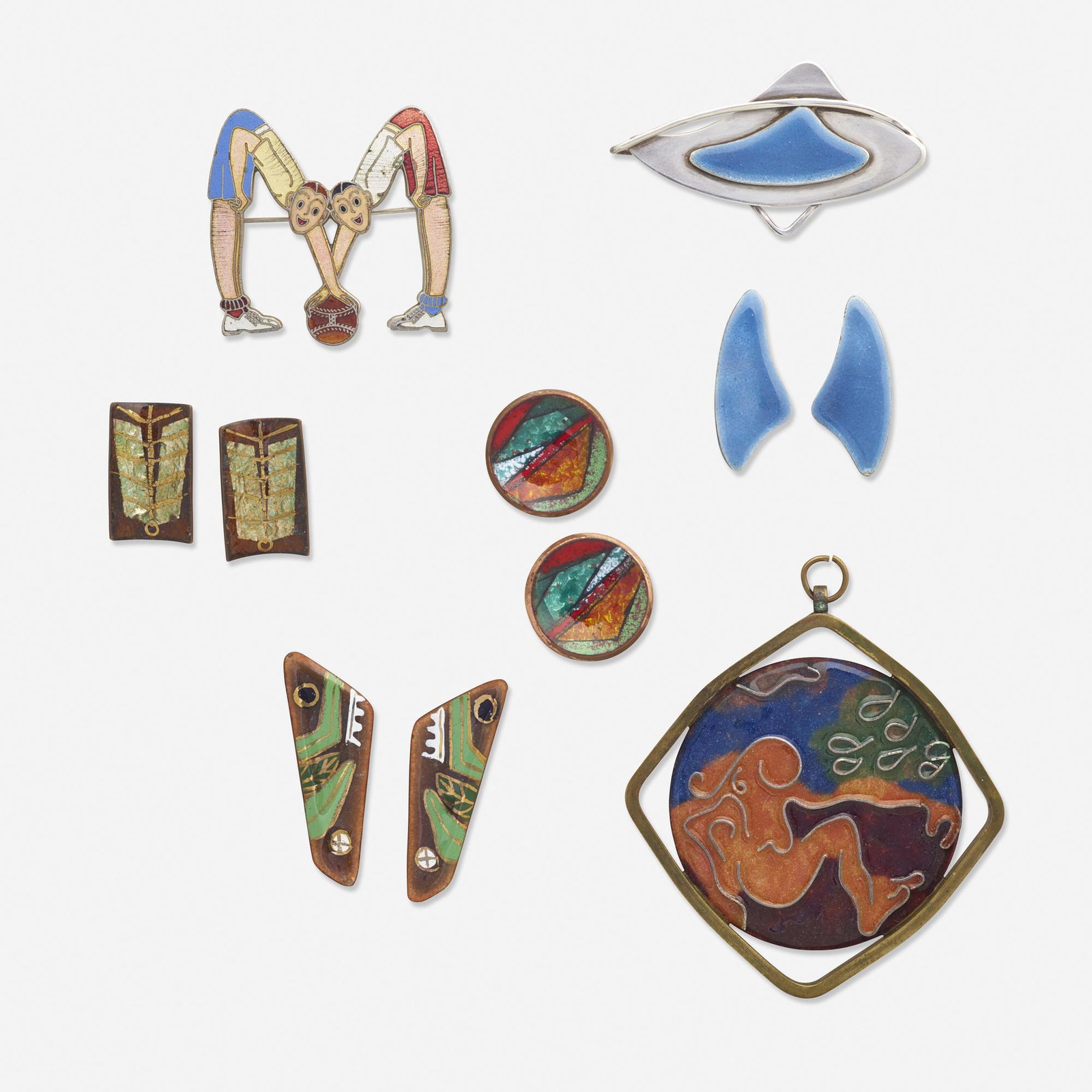 Group of Studio enamel jewelry including Virgil Cantini: Group of Studio enamel jewelry including Virgil Cantini and John Bryan A brooch, a set of blue enamel and silver jewelry, signed Bryan; two pairs of earrings, signed Cantini; a pair of earrings, signe
