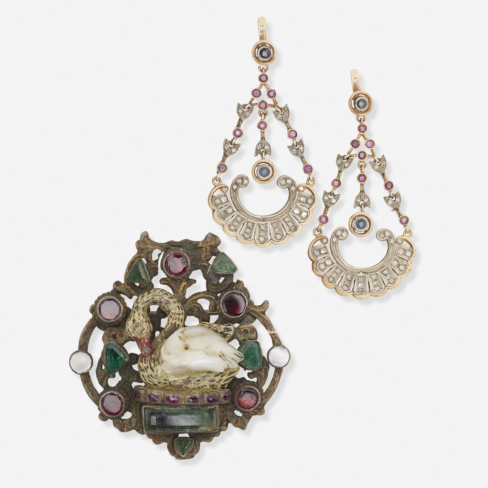 Austro-Hungarian Baroque pearl brooch, diamond earrings (1 of 1)
