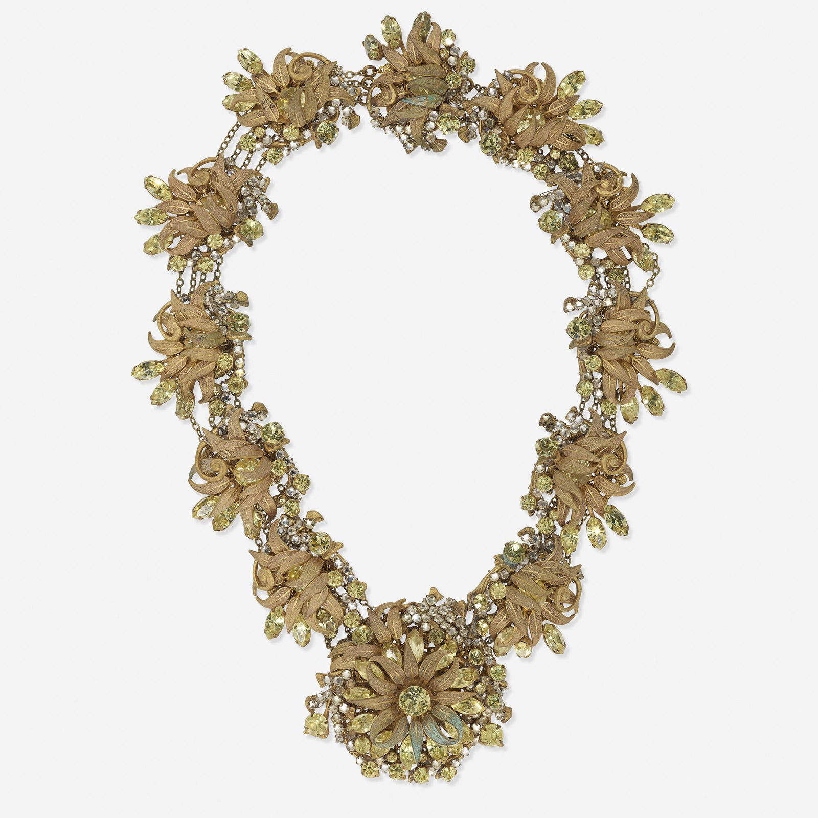Miriam Haskell, Foliate necklace: Miriam Haskell Foliate necklace Designed as clusters of engraved gold-tone leaves amongst circular or marquise-faceted yellow or white rhinestones Stamped by the maker 16 ins; Gross weight 119.1 dwts