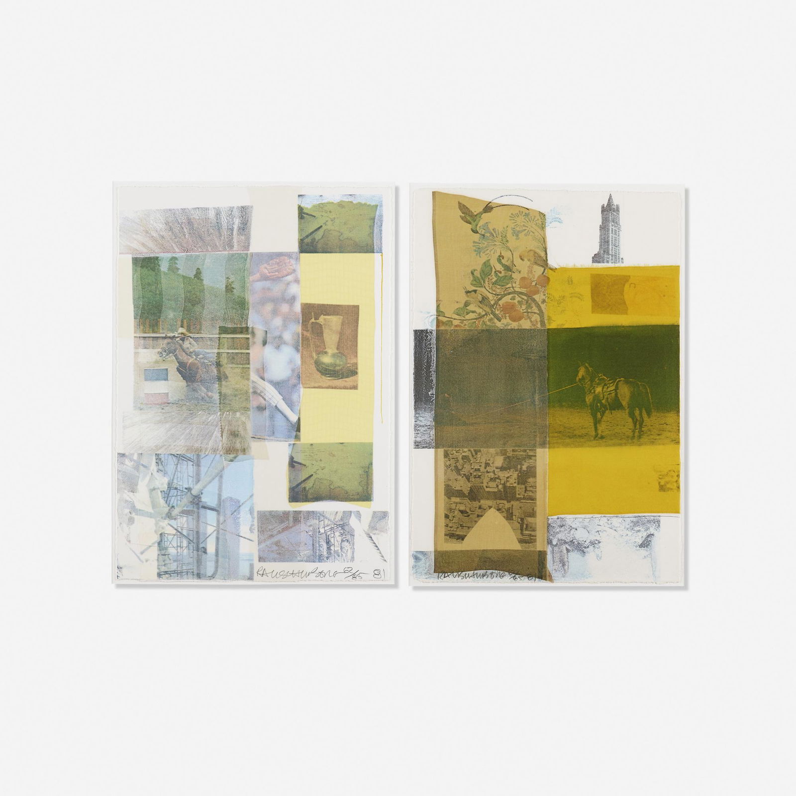 Robert Rauschenberg, Arcanum IV and Arcanum VIII: Robert Rauschenberg Arcanum IV and Arcanum VIII (two works) 1981screenprint in colors, silk collage and watercolor on paper Each: 22.5 h x 15.5 w inches Both signed, dated and numbered to lower edge