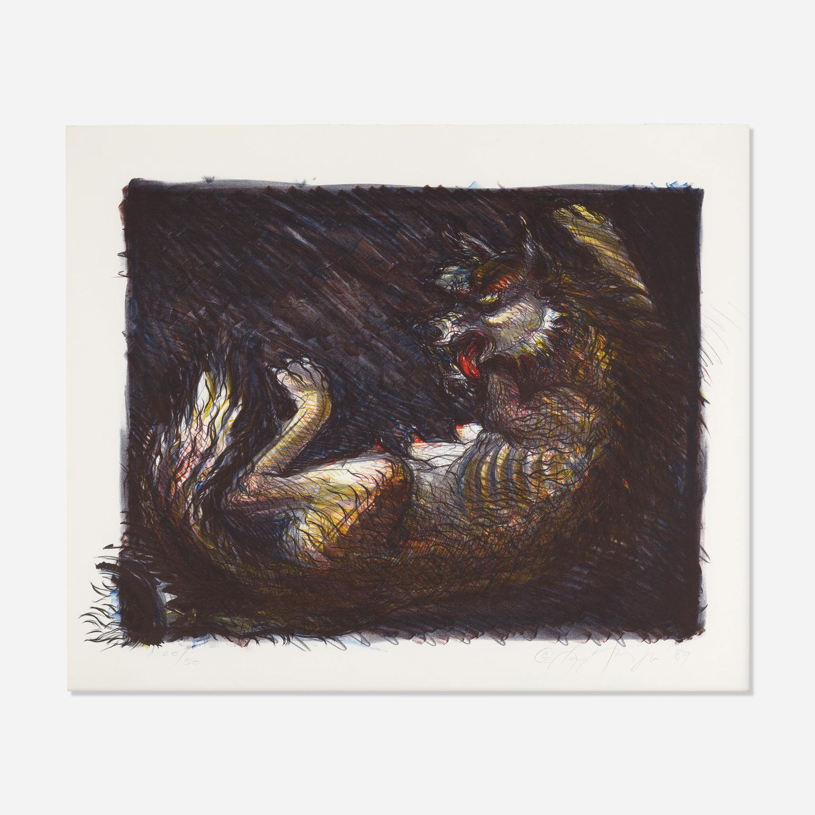 Luis Jimenez, Dead Coyote: Luis Jimenez Dead Coyote 1989lithograph in colors28 h × 34 w in (71 × 86 cm) Signed, dated and numbered to lower margin '20/50 Luis Jimenez '89'. This work is number 20 from the edition of 50 pub