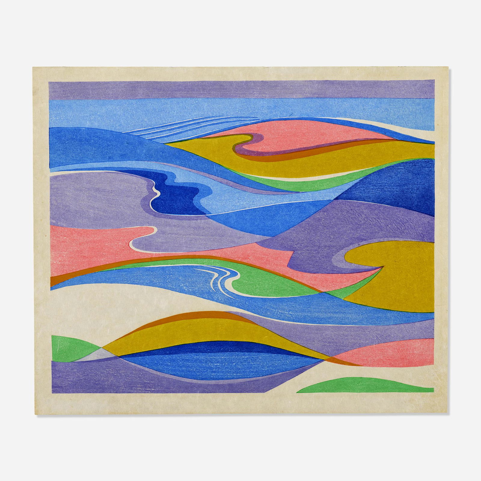 Stanton MacDonald-Wright, The Spring Sea Swelling: Stanton MacDonald-Wright The Spring Sea Swelling and Falling All the Day, No. 7 (after Buson) from the Haiga series 1966-67woodblock print in colors18 h × 21.375 w in (46 × 54 cm) Provena