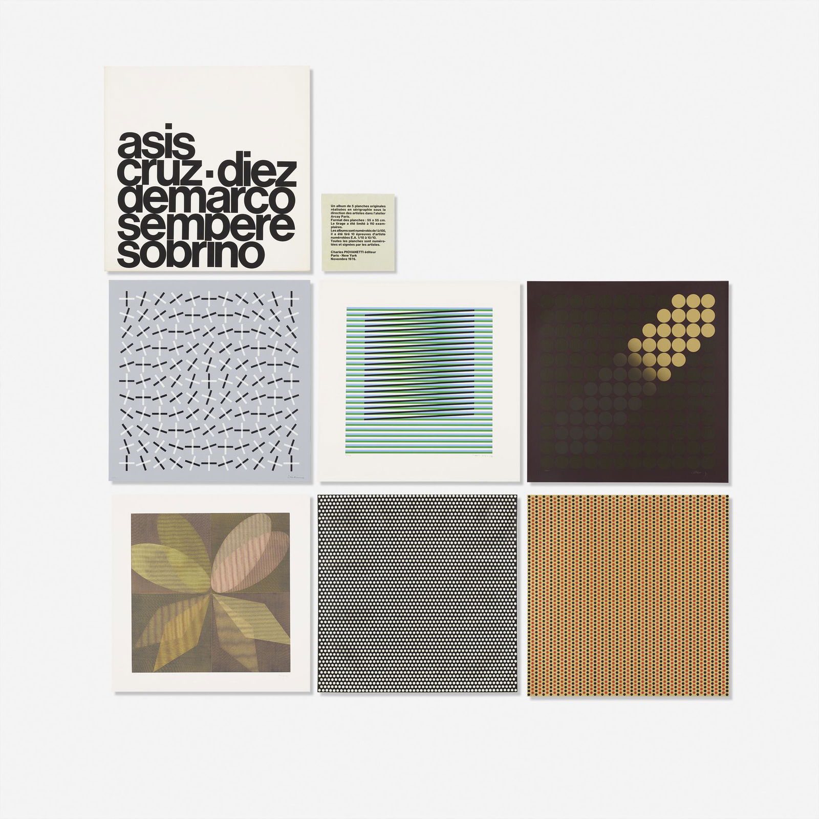 Antonio Asis, Asis/Cruz-Diez/Demarco/Sempere/Sobrino: Antonio Asis Asis/ Cruz-Diez/ Demarco/ Sempere/ Sobrino portfolio 1976five screenprints in colors22.5 h × 22.125 w in (57 × 56 cm) Each signed and numbered to lower edge '12/100'. This work is nu