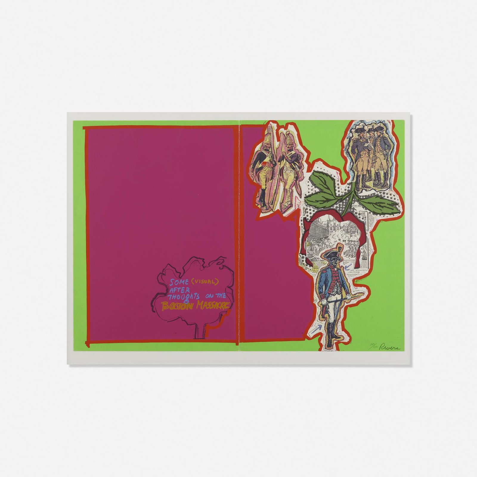 Larry Rivers, Some (Visual) Afterthoughts: Larry Rivers Some (Visual) Afterthoughts on the Boston Massacre from Boston Massacre 1970 screenprint in colors 19 h × 28 w in (48 × 71 cm) Signed and numbered to lower right 'Rivers 129/150'. This