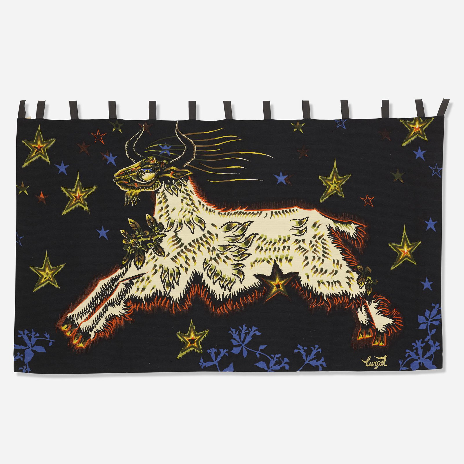 Jean Lurçat, D'Etoiles tapestry: Jean Lurçat D'Etoiles tapestry Corot France, c. 1955 hand-woven wool, linen 43 h × 74 w in (109 × 188 cm) Applied signature to lower right 'Lurçat'. Fabric manufacturer's label to