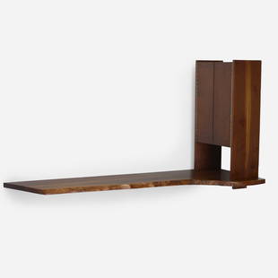 George Nakashima, wall shelf with cabinet: George Nakashima wall shelf with cabinet for Ezra Stoller Nakashima StudioUSA, 1958American black walnut36.25 h × 72 w × 26.5 d in (92 × 183 × 67 cm) Wall shelf feat