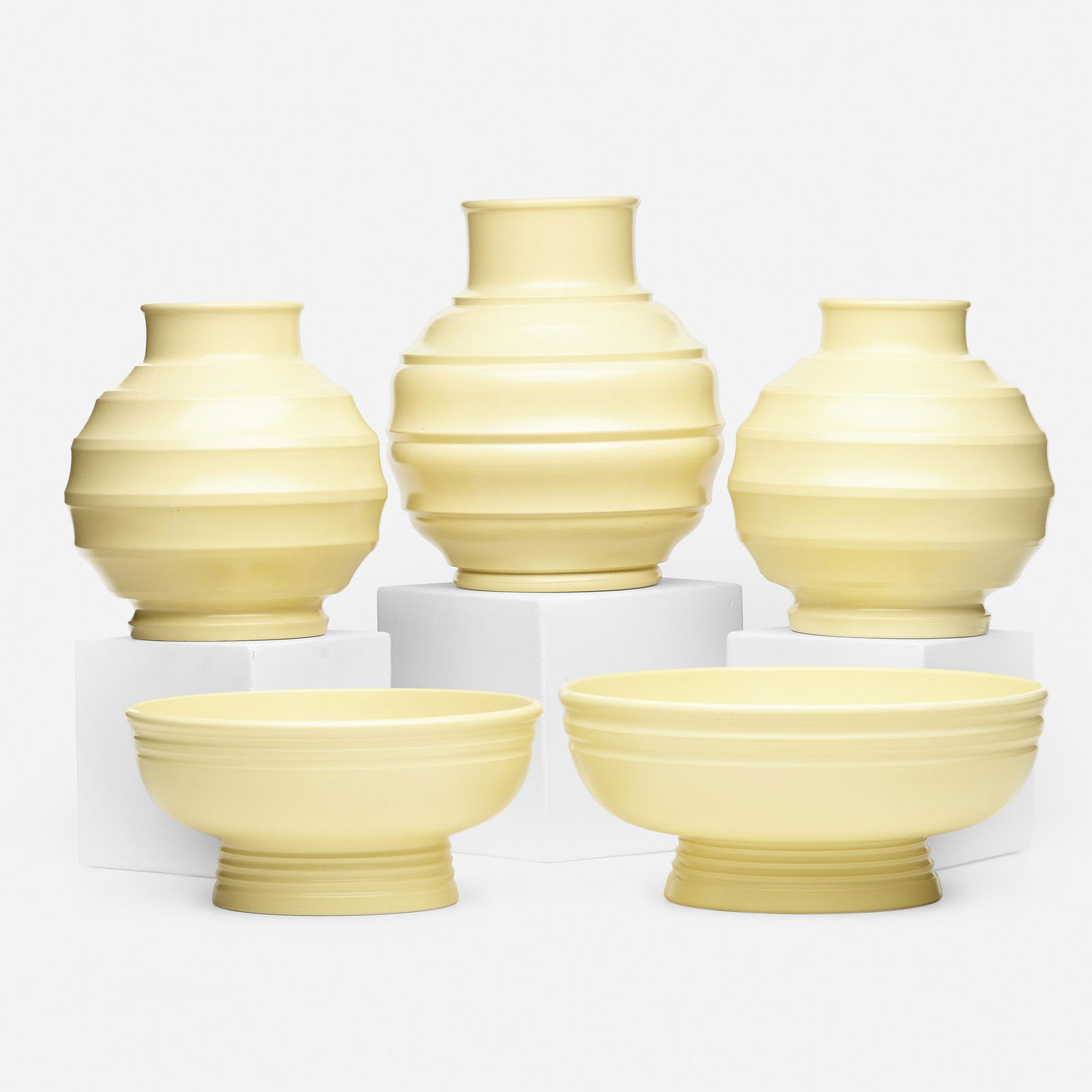 Keith Murray, collection of five vessels: Keith Murray collection of five vessels WedgwoodNew Zealand / United Kingdom, c. 1930Matt Straw glazed ceramic8.75 h × 7.5 dia in (22 × 19 cm) Collection is comprised of two bowls and three