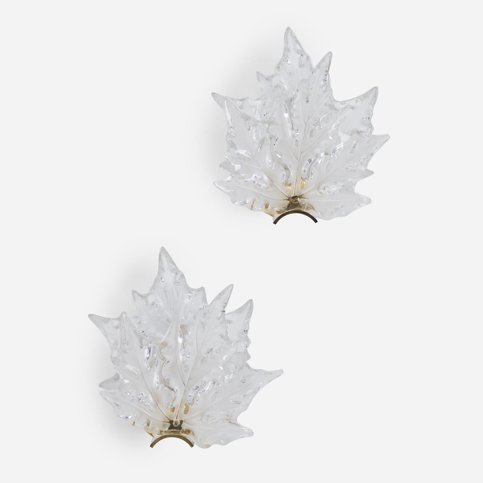 Lalique, Champs-Élysées sconces, pair: Lalique Champs-Élysées sconces, pair France, 1957 / after 1978 frosted and clear glass, brass 11 h × 10.25 w × 5.5 d in (28 × 26 × 14 cm) Etched signature to lower right edg