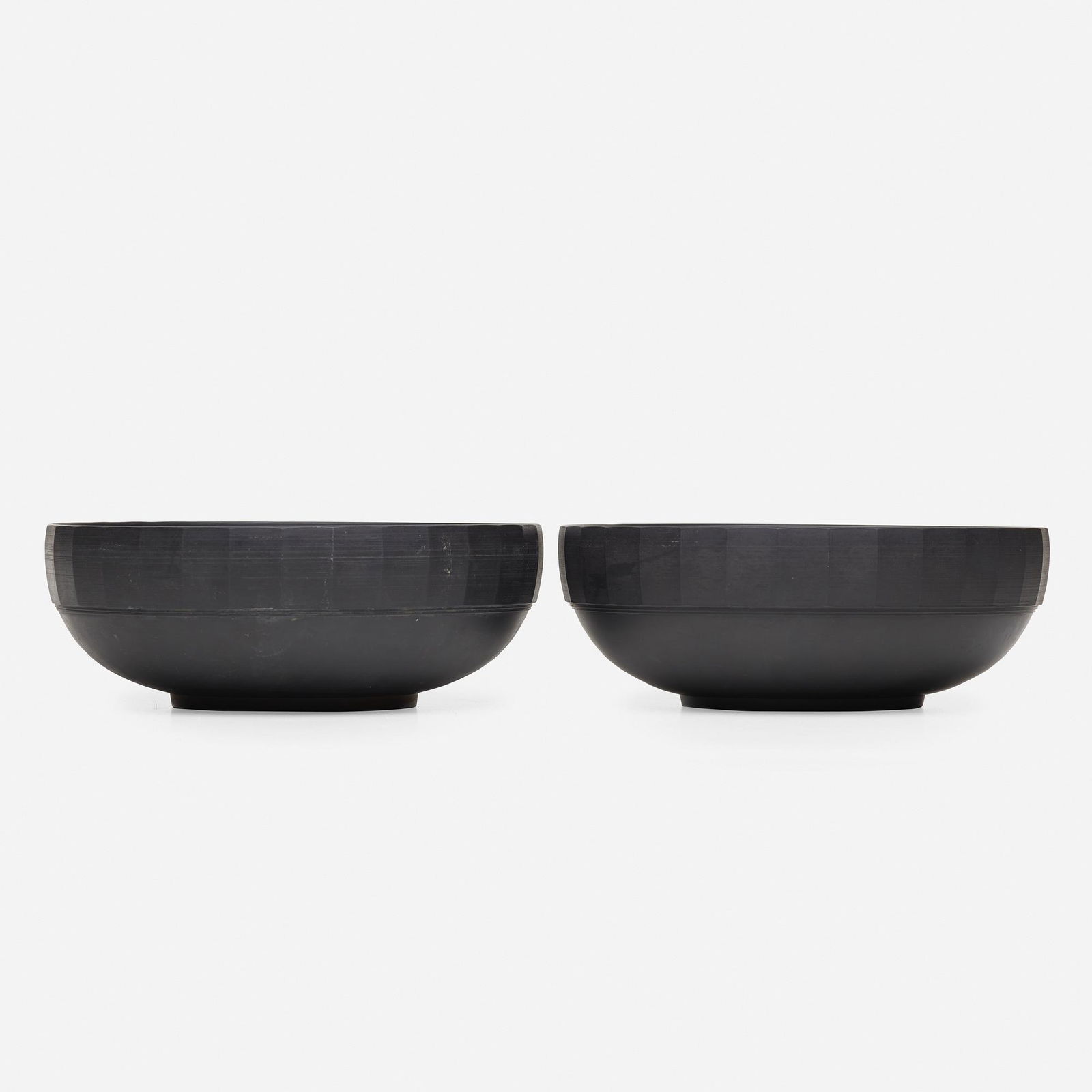 Keith Murray, Black Basalt bowls, pair: Keith Murray Black Basalt bowls, pair WedgwoodNew Zealand / United Kingdom, c. 1935black basalt3 1/2 h × 9 1/4 dia in (8 × 23 cm) Stamped manufacturer's mark to underside of eac