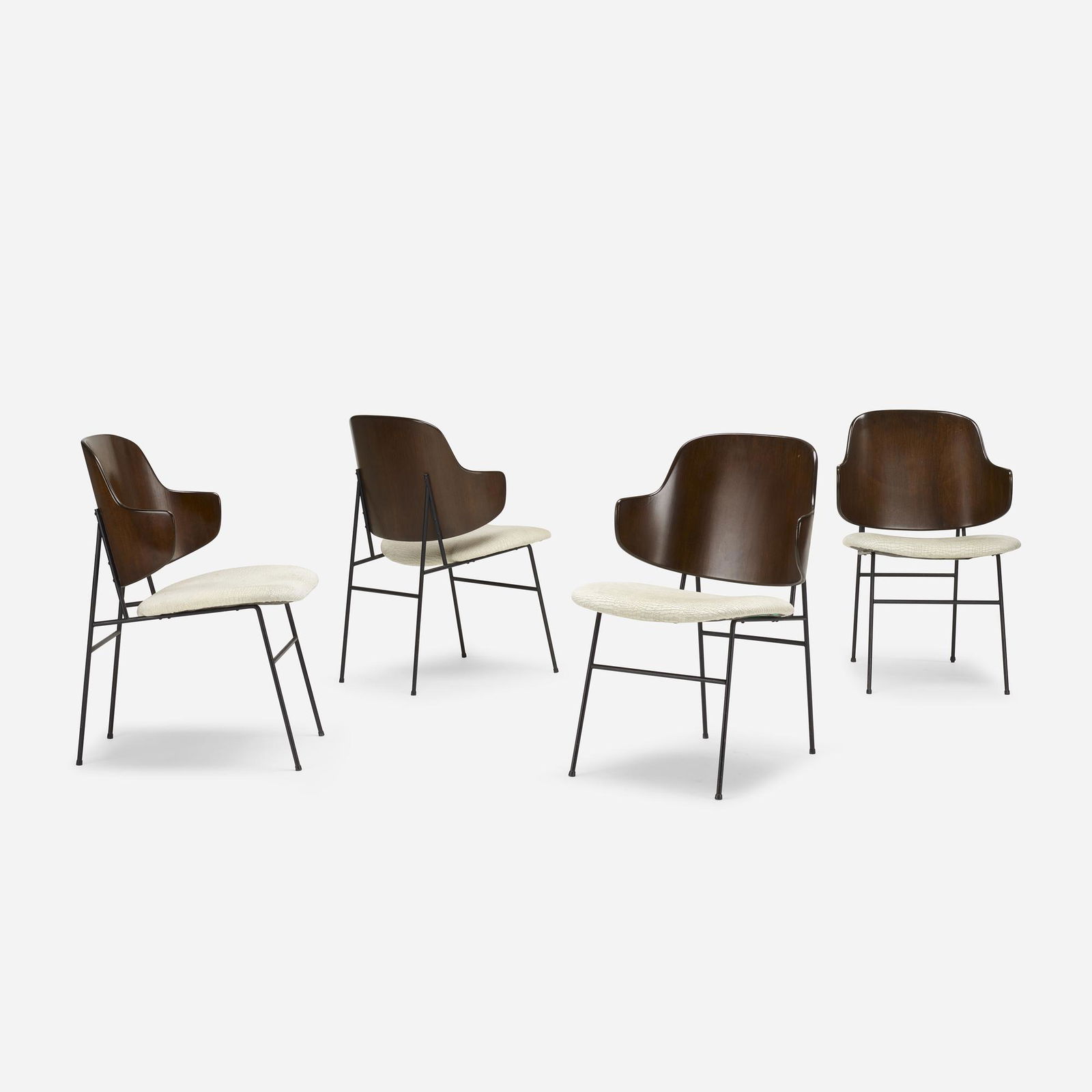 Ib Kofod-Larsen, Penguin chairs, set of four: Ib Kofod-Larsen Penguin chairs, set of four SeligDenmark / USA, 1953enameled steel, mahogany plywood, upholstery32 h × 21.5 w × 22 d in (81 × 55 × 56 cm)