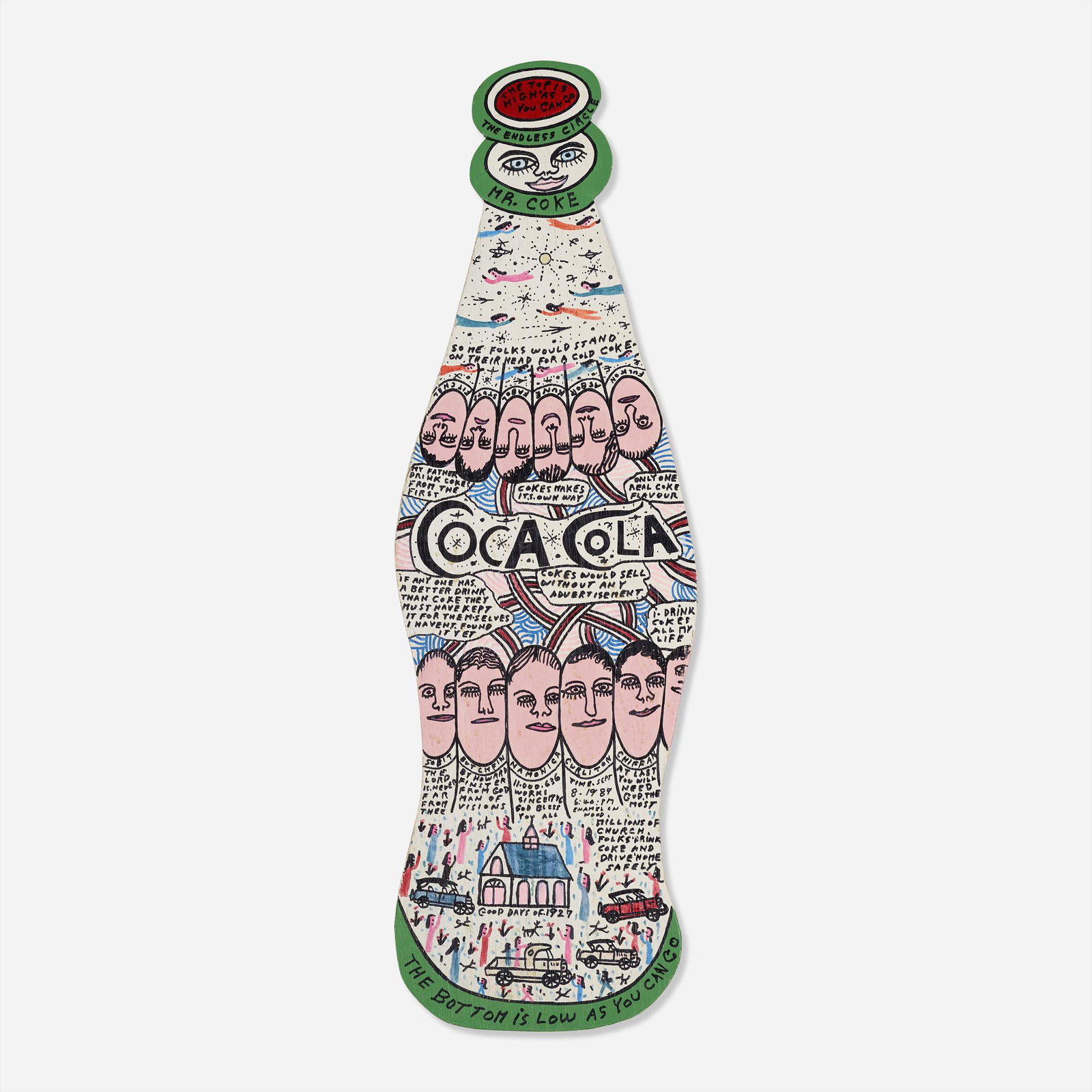 Howard Finster, Mr. Coke: Howard Finster Mr. Coke 1989 enamel on wood 34.25 h × 10.5 w in (87 × 27 cm) Signed, dated and numbered to verso '11.000.636 works since 1976 by Howard Finster'.