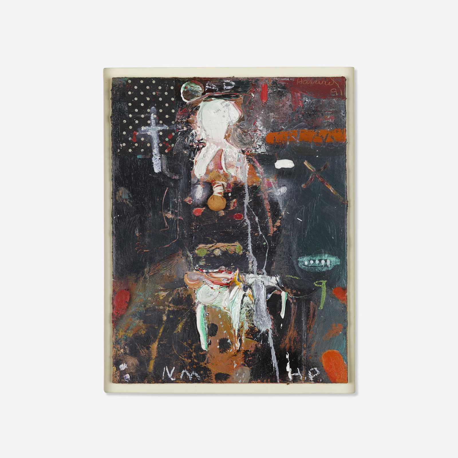 James Havard, New Mexico History Page: James Havard New Mexico History Page 1991acrylic and collage on archival cardboard mounted to wood18 h × 14 w in (46 × 36 cm) Signed and dated to upper right edge 'Harvard 91'.