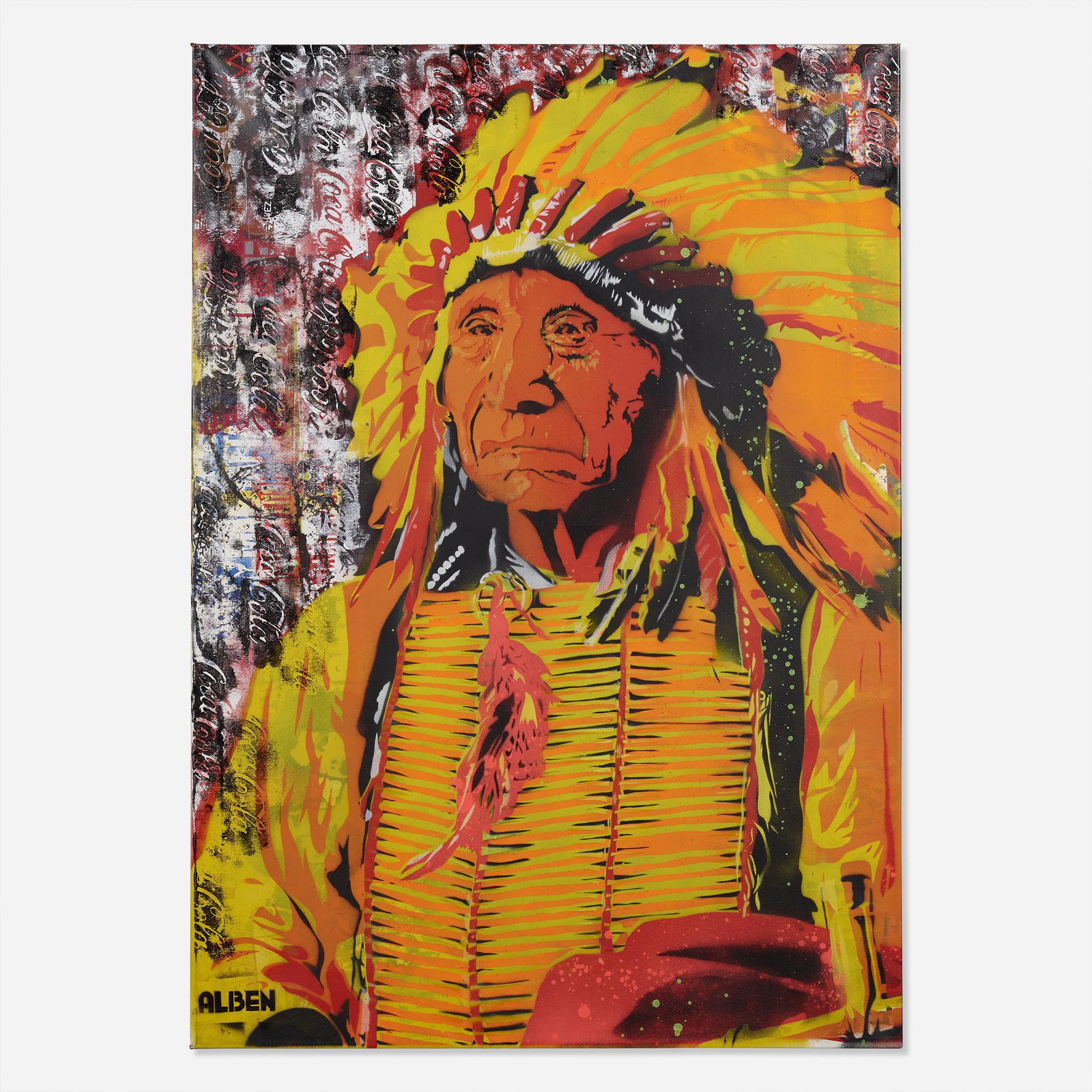 Alben, Coca-Cola Red Cloud: Alben Coca-Cola Red Cloud stencil and spray-paint on canvas 54 h × 38 w in (137 × 97 cm) Signed to right 'Alben'. Provenance: Acquired directly from the artist | Slot