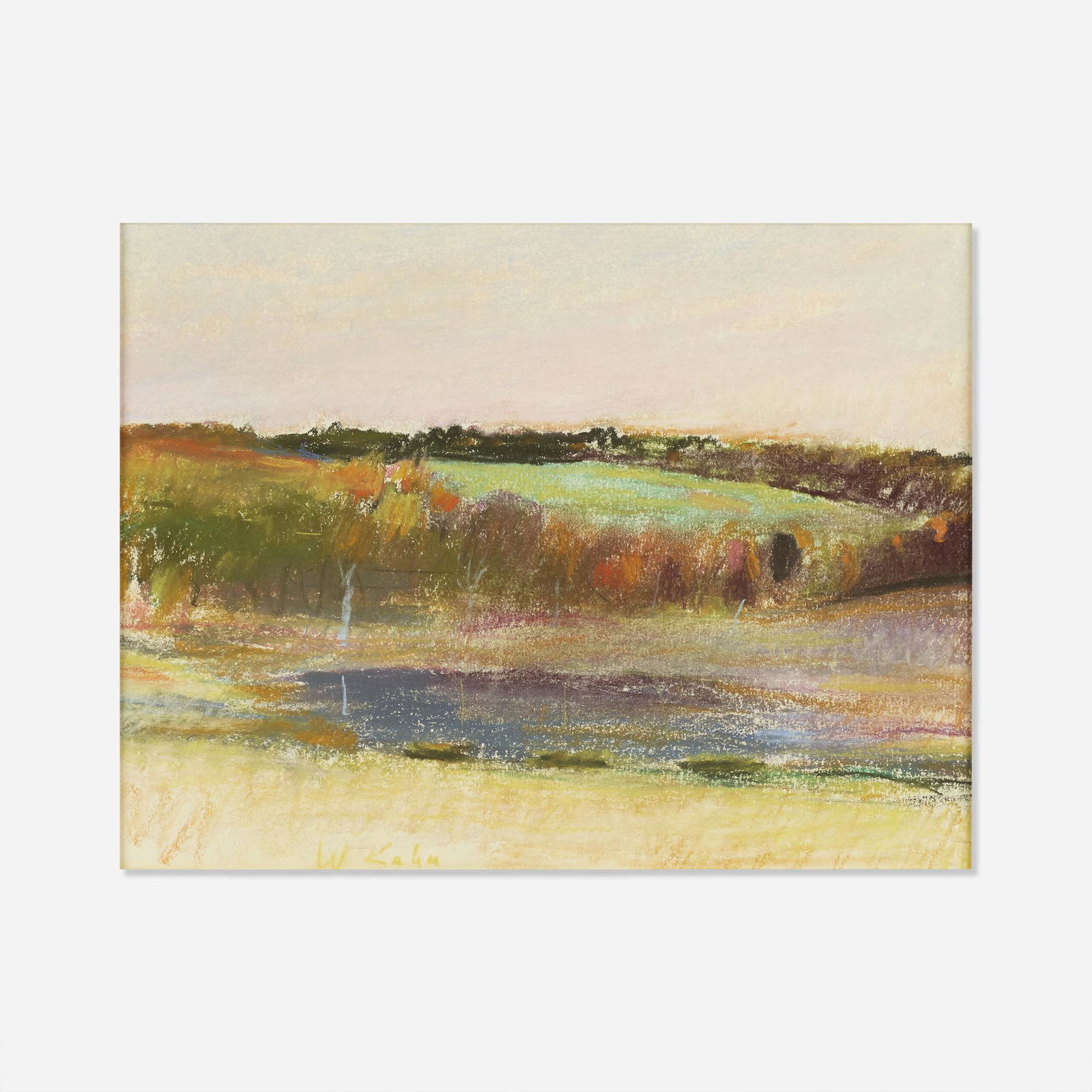 Wolf Kahn, Evening Pond: Wolf Kahn Evening Pond 1974pastel on paper9.375 h × 12.25 w in (24 × 31 cm) Signed to lower edge 'W. Kahn'.