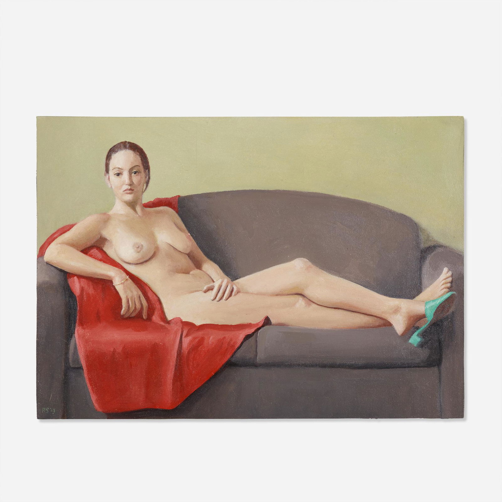 Ron Schwerin, Cindy as Olympia: Ron Schwerin Cindy as Olympia 2003oil on panel9.75 h × 13.75 w in (25 × 35 cm) Signed and dated to lower left edge 'RS '03'. Provenance: Acquired directly from