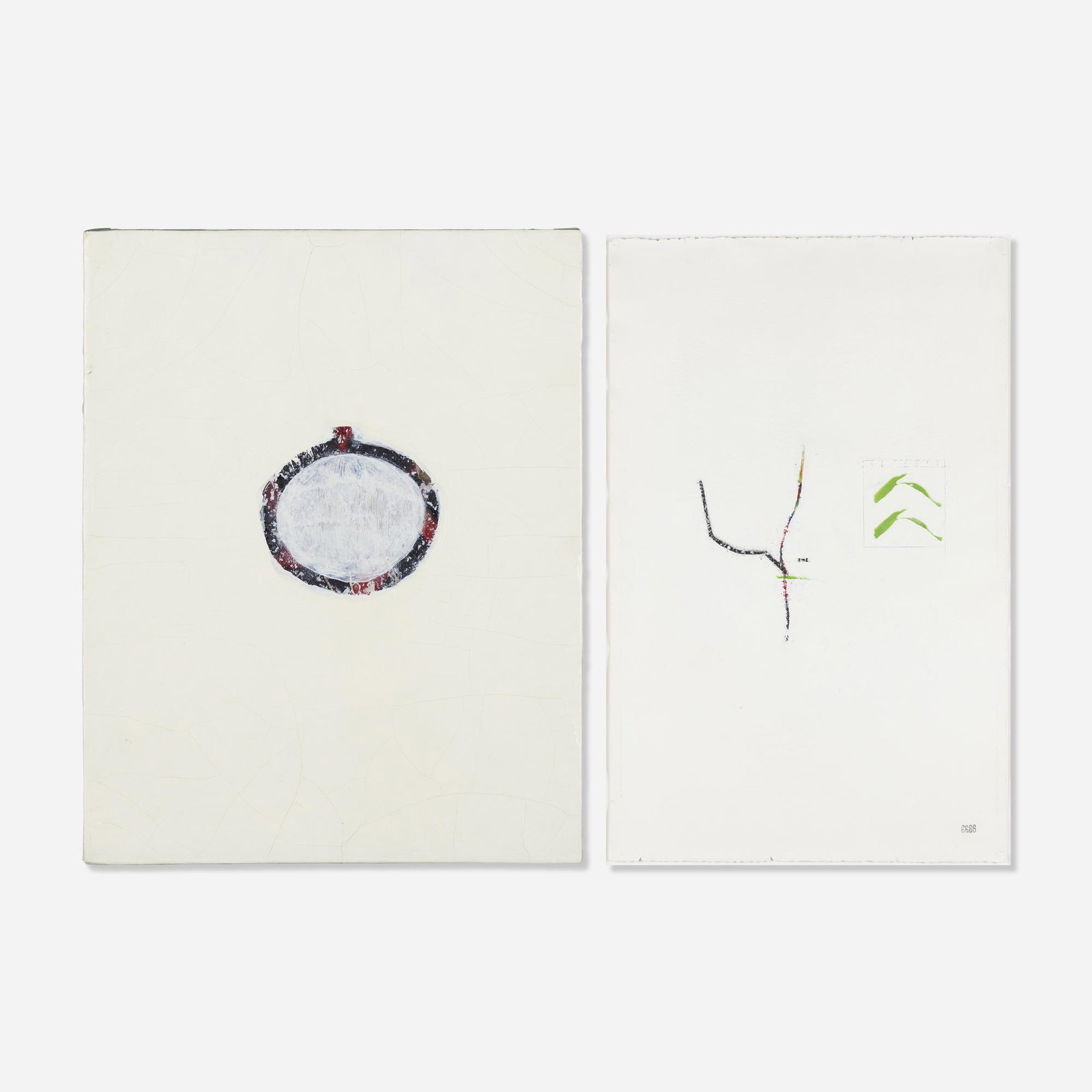 Glenn Goldberg, O.P year 2; Medallion (two works): Glenn Goldberg O.P year 2; Medallion (two works) 1986; 1986 oil and enamel on paper, oil and enamel on wood 40.5 h × 25 w in (103 × 63 cm) Signed, titled and dated to verso 'Medallion G