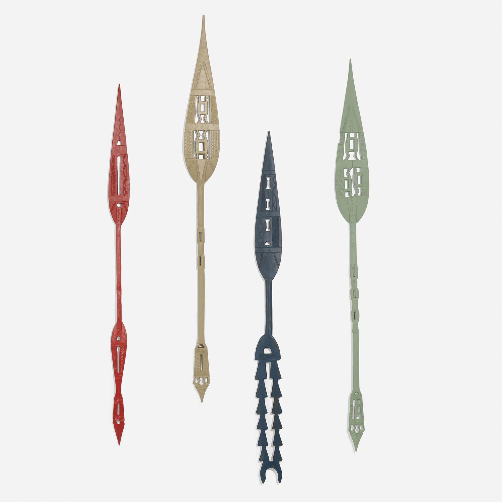 Tony Duquette, collection of four spears: Tony Duquette collection of four spears from the Drawing Room at Cow Hollow USA, c. 1965carved and painted wood5.75 w × 1 d × 63 h in (15 × 3 × 160 cm) This collection of four spears hung in the