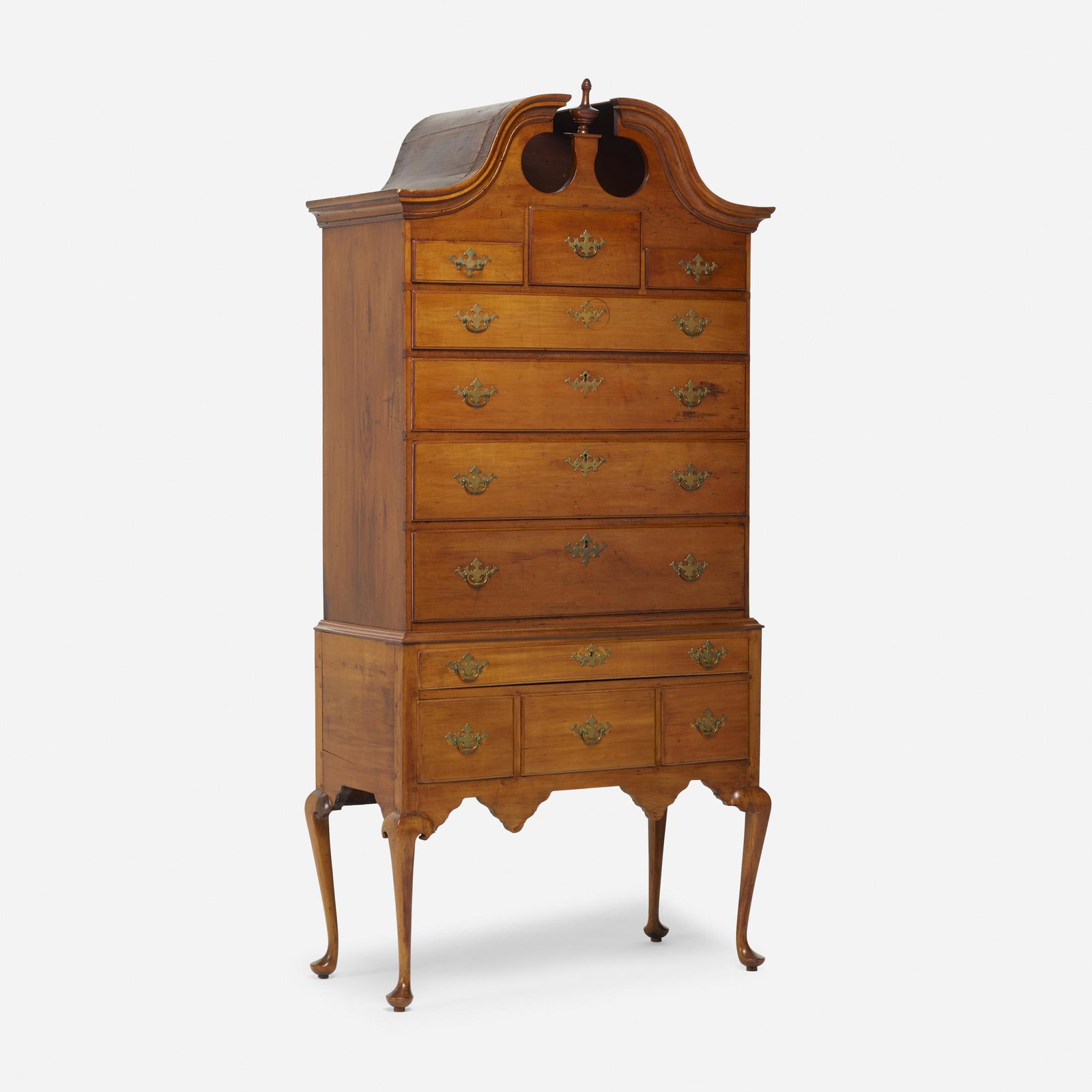 Queen Anne, bonnet top highboy: Queen Anne bonnet top highboy USA, c. 1800 maple, brass 86 h × 35 w × 18.5 d in (218 × 89 × 47 cm) Features a three-five-three drawer configuration. Provenanc